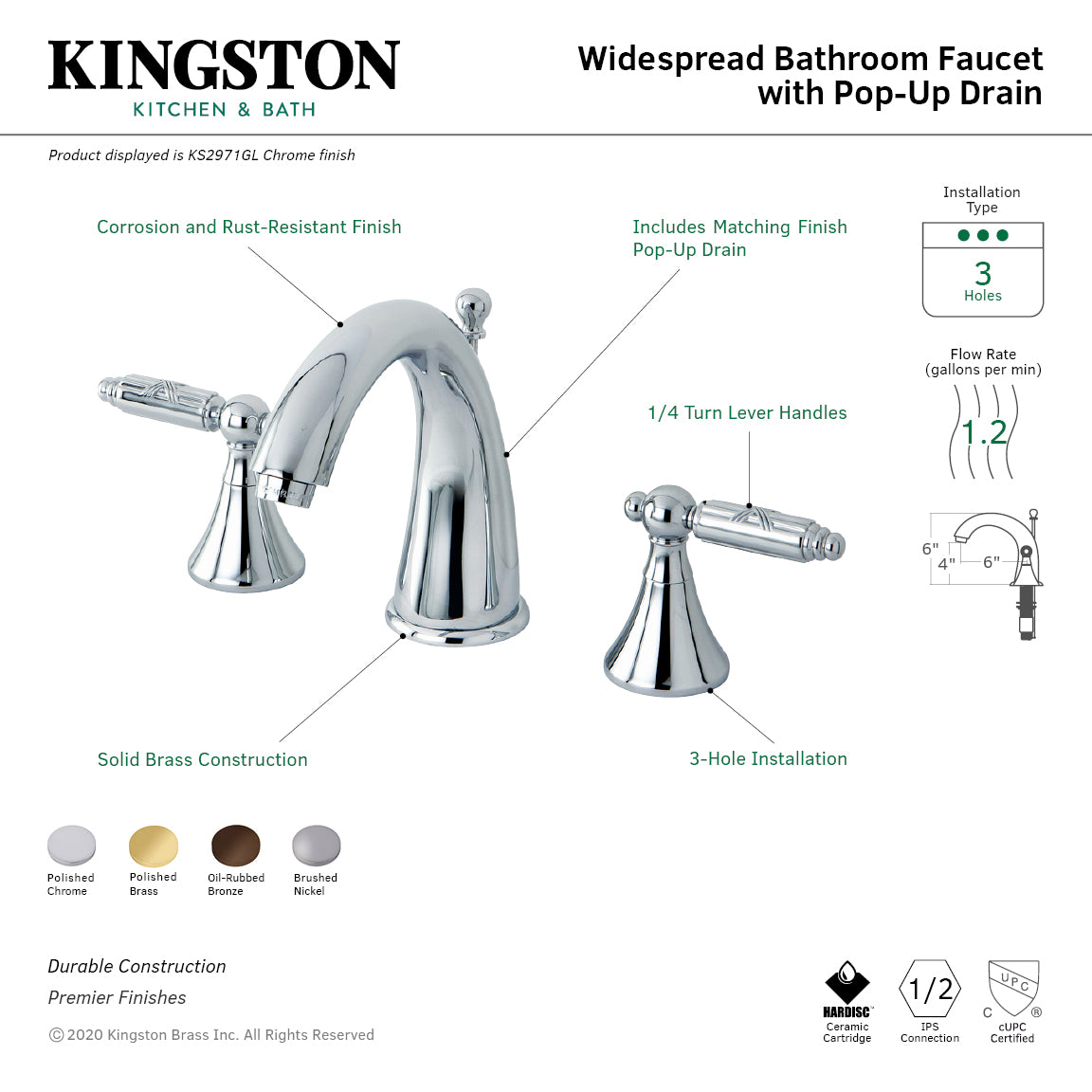 Kingston Tulare KS2972GL - Elinvar Two-Handle 3-Hole Deck Mount Widespread Bathroom Faucet with Brass Pop-Up, Polished Brass — thumbnail 2