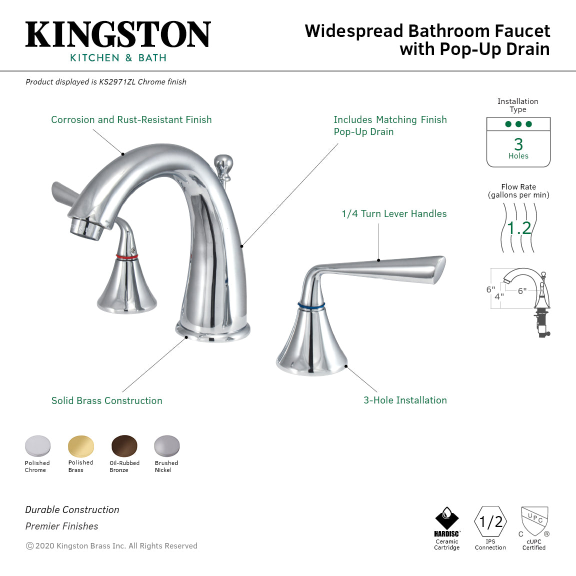 Kingston Tulare KS2975ZL - Silver Sage Two-Handle 3-Hole Deck Mount Widespread Bathroom Faucet with Brass Pop-Up, Oil Rubbed Bronze — thumbnail 3