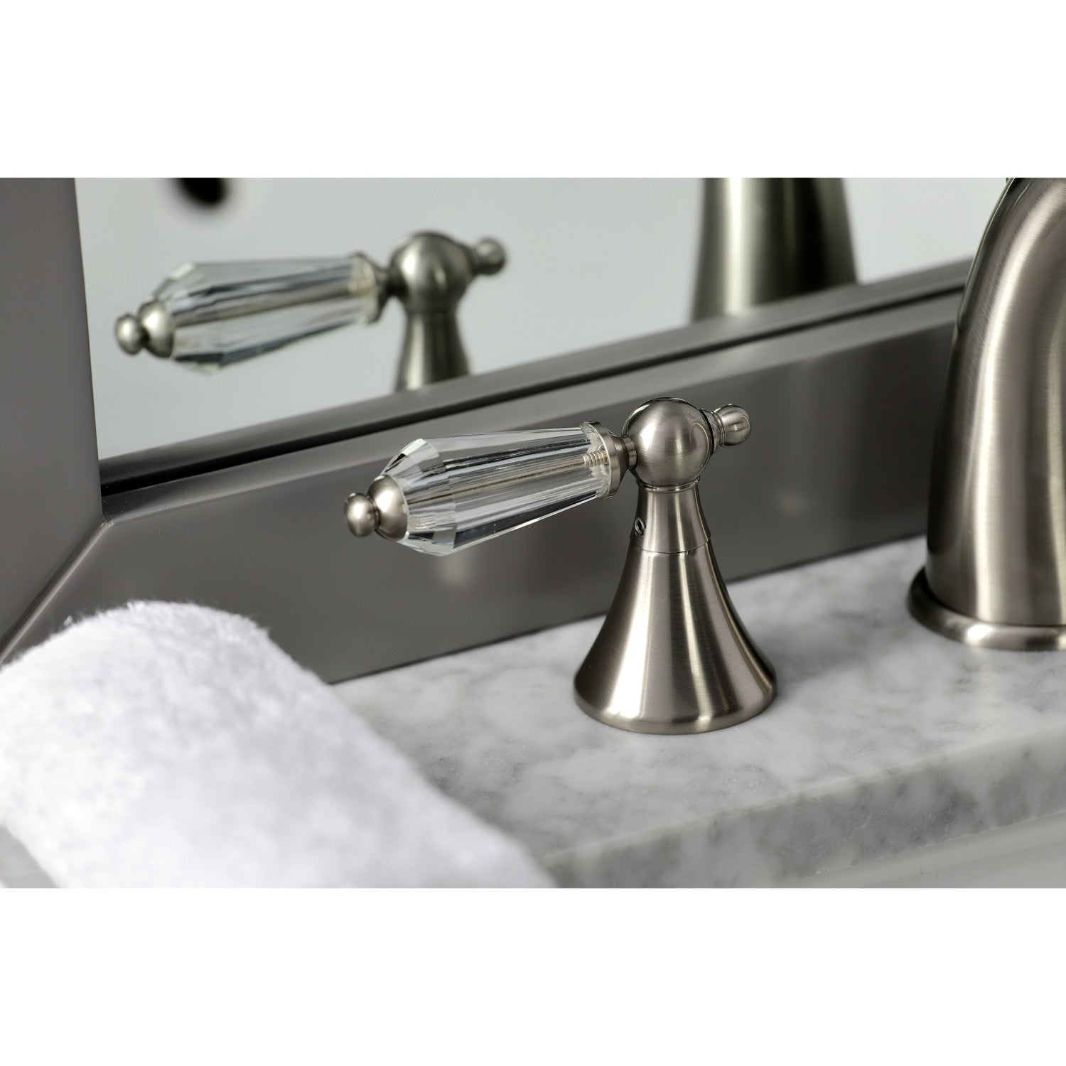 Kingston Tulare KS2978WLL - Wilshire Two-Handle 3-Hole Deck Mount Widespread Bathroom Faucet with Brass Pop-Up, Brushed Nickel — thumbnail 3