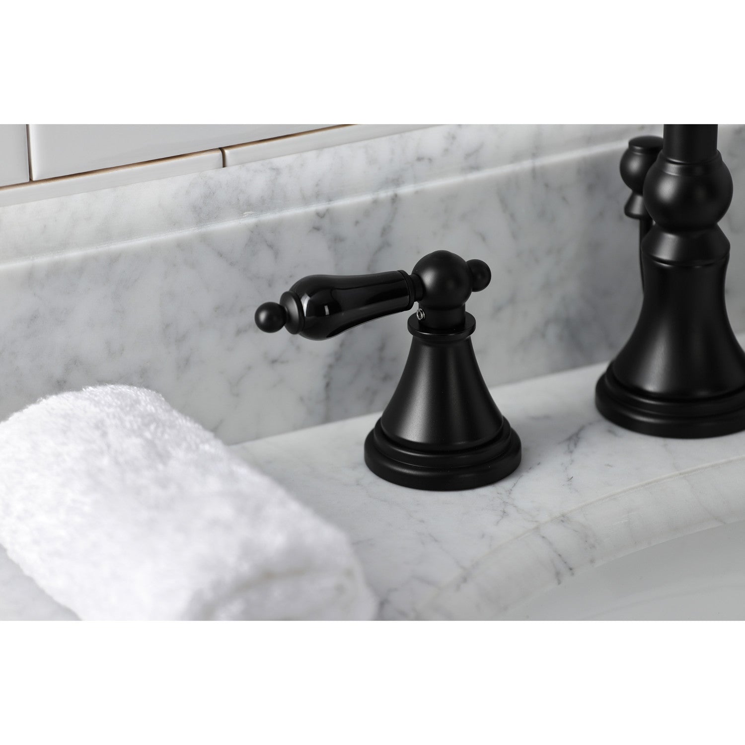 Kingston Tulare KS2980PKL - Duchess Two-Handle 3-Hole Deck Mount Widespread Bathroom Faucet with Brass Pop-Up, Matte Black — thumbnail 2