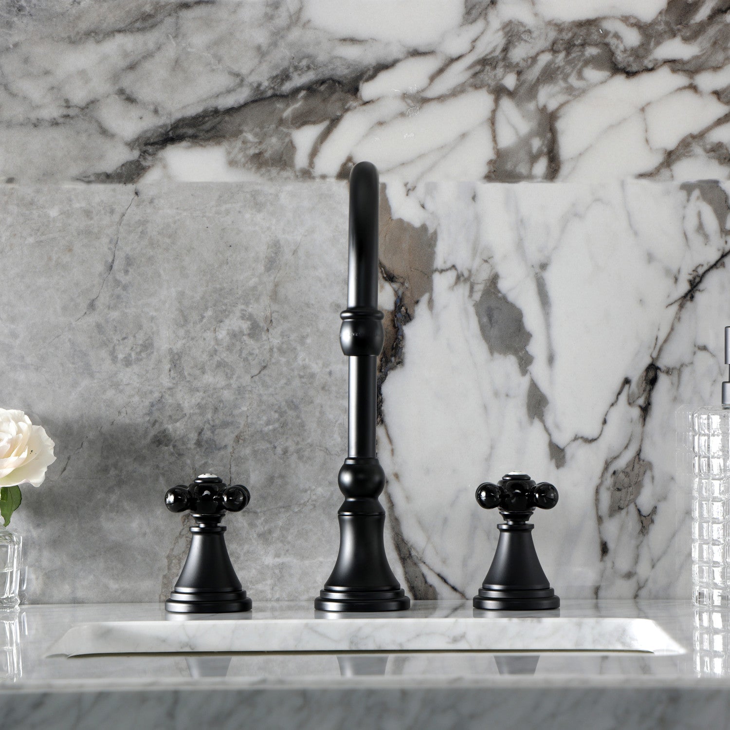 Kingston Tulare KS2980PKX - Duchess Two-Handle 3-Hole Deck Mount Widespread Bathroom Faucet with Brass Pop-Up, Matte Black — thumbnail 3