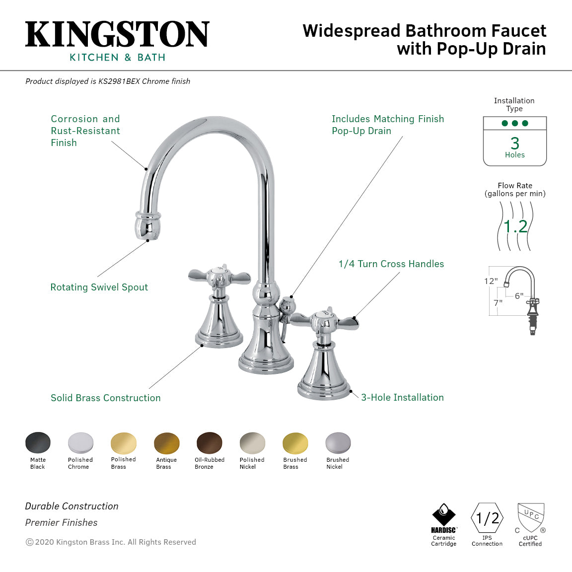 Kingston Tulare KS2985BEX - Essex Two-Handle 3-Hole Deck Mount Widespread Bathroom Faucet with Brass Pop-Up, Oil Rubbed Bronze — thumbnail 3