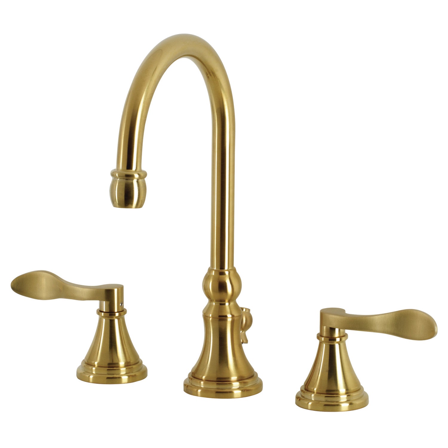 Kingston Tulare KS2987DFL - NuFrench Two-Handle 3-Hole Deck Mount Widespread Bathroom Faucet with Brass Pop-Up, Brushed Brass