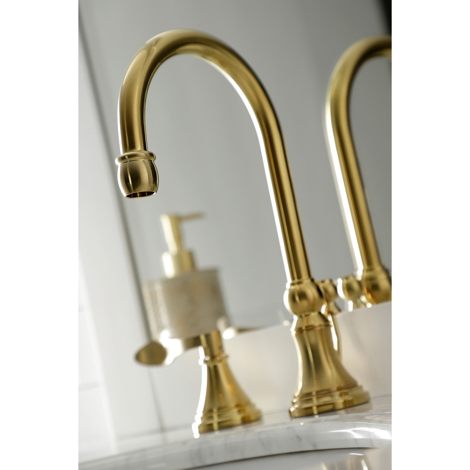 Kingston Tulare KS2987DFL - NuFrench Two-Handle 3-Hole Deck Mount Widespread Bathroom Faucet with Brass Pop-Up, Brushed Brass — thumbnail 3