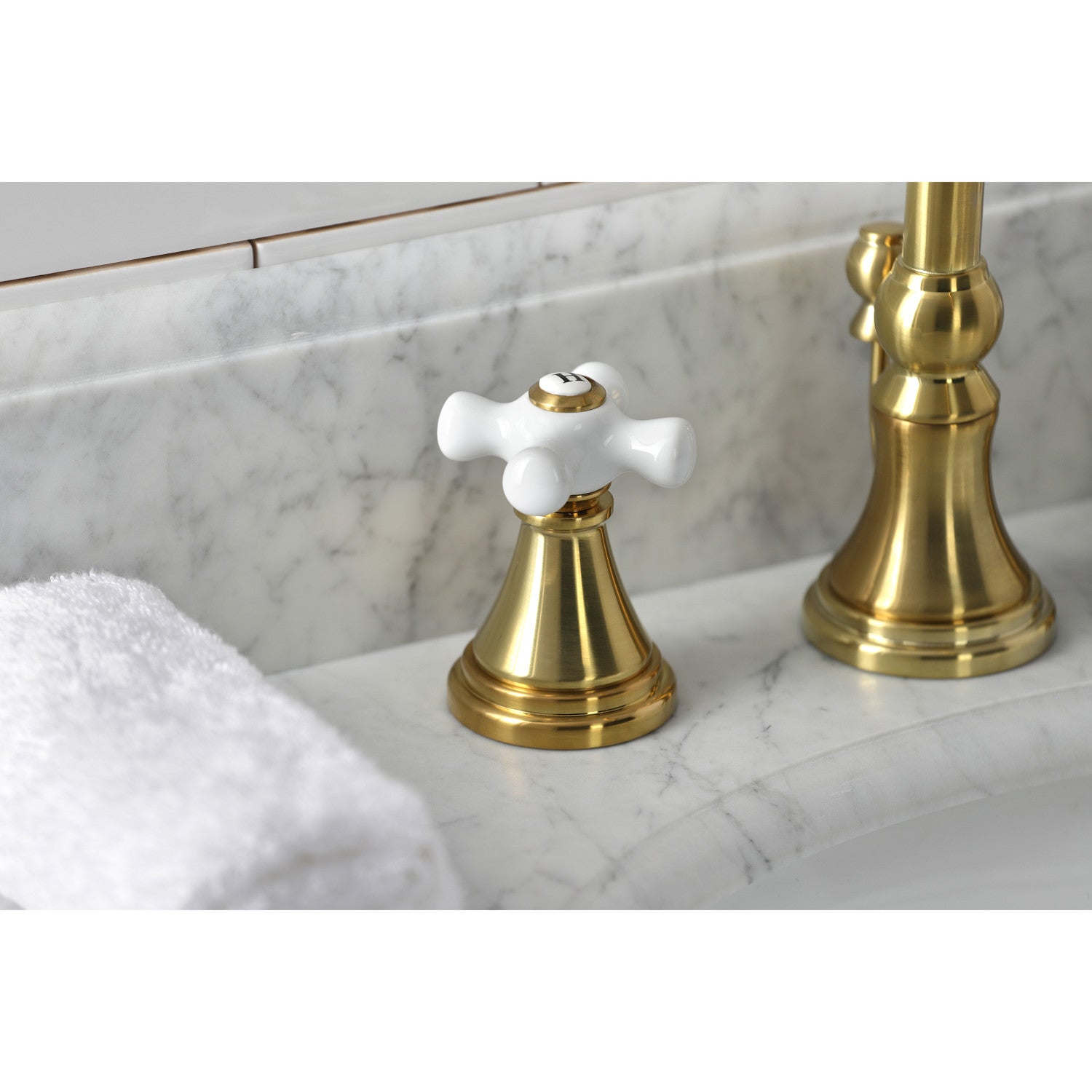 Kingston Tulare KS2987PX - Governor Two-Handle 3-Hole Deck Mount Widespread Bathroom Faucet with Brass Pop-Up, Brushed Brass — thumbnail 2