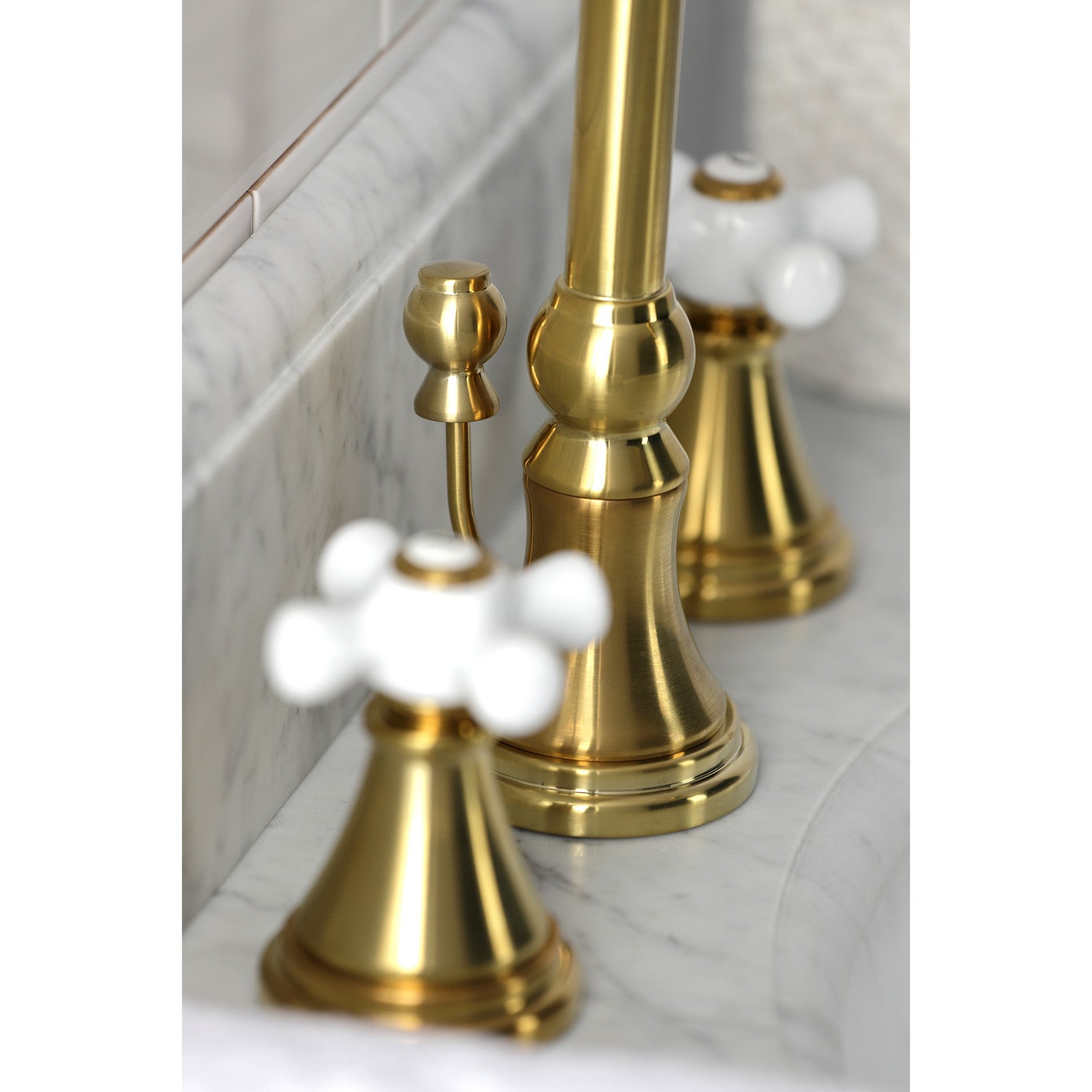 Kingston Tulare KS2987PX - Governor Two-Handle 3-Hole Deck Mount Widespread Bathroom Faucet with Brass Pop-Up, Brushed Brass — thumbnail 3