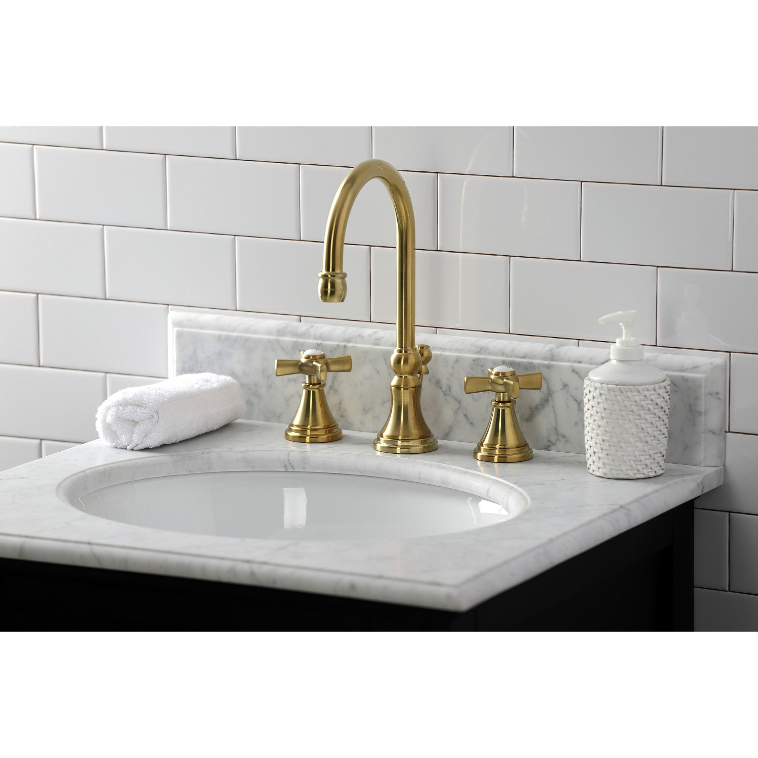 Kingston Tulare KS2987ZX - Millennium Two-Handle 3-Hole Deck Mount Widespread Bathroom Faucet with Brass Pop-Up, Brushed Brass — thumbnail 3