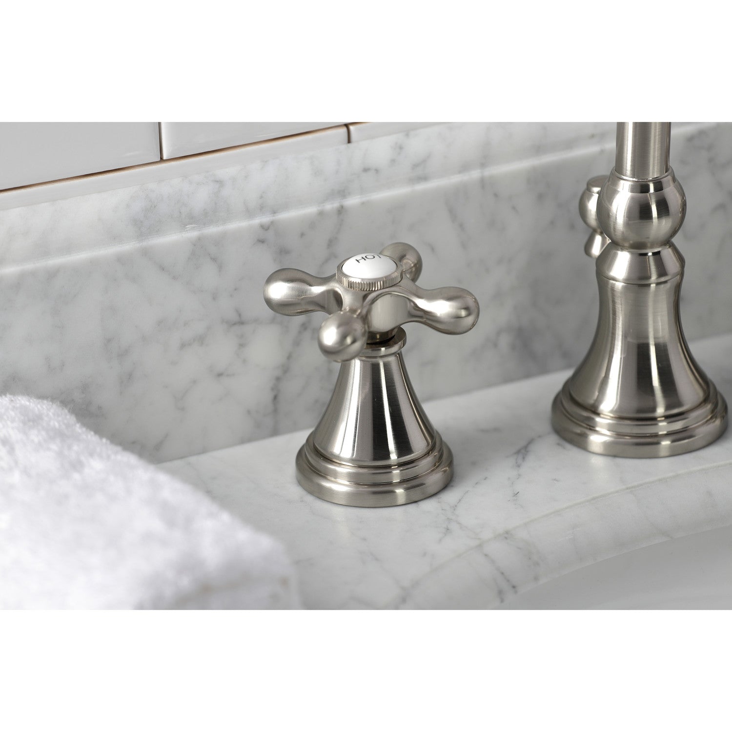 Kingston Tulare KS2988AX - Governor Two-Handle 3-Hole Deck Mount Widespread Bathroom Faucet with Brass Pop-Up, Brushed Nickel — thumbnail 2