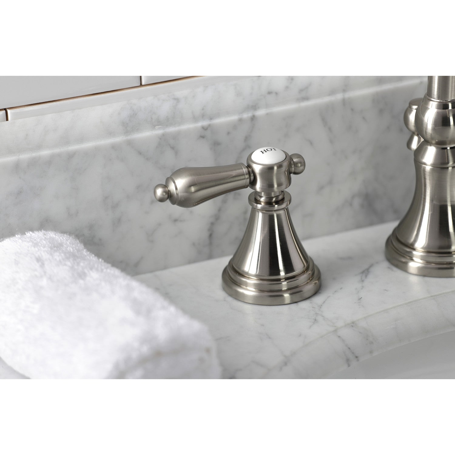 Kingston Tulare KS2988BAL - Heirloom Two-Handle 3-Hole Deck Mount Widespread Bathroom Faucet with Brass Pop-Up, Brushed Nickel — thumbnail 2