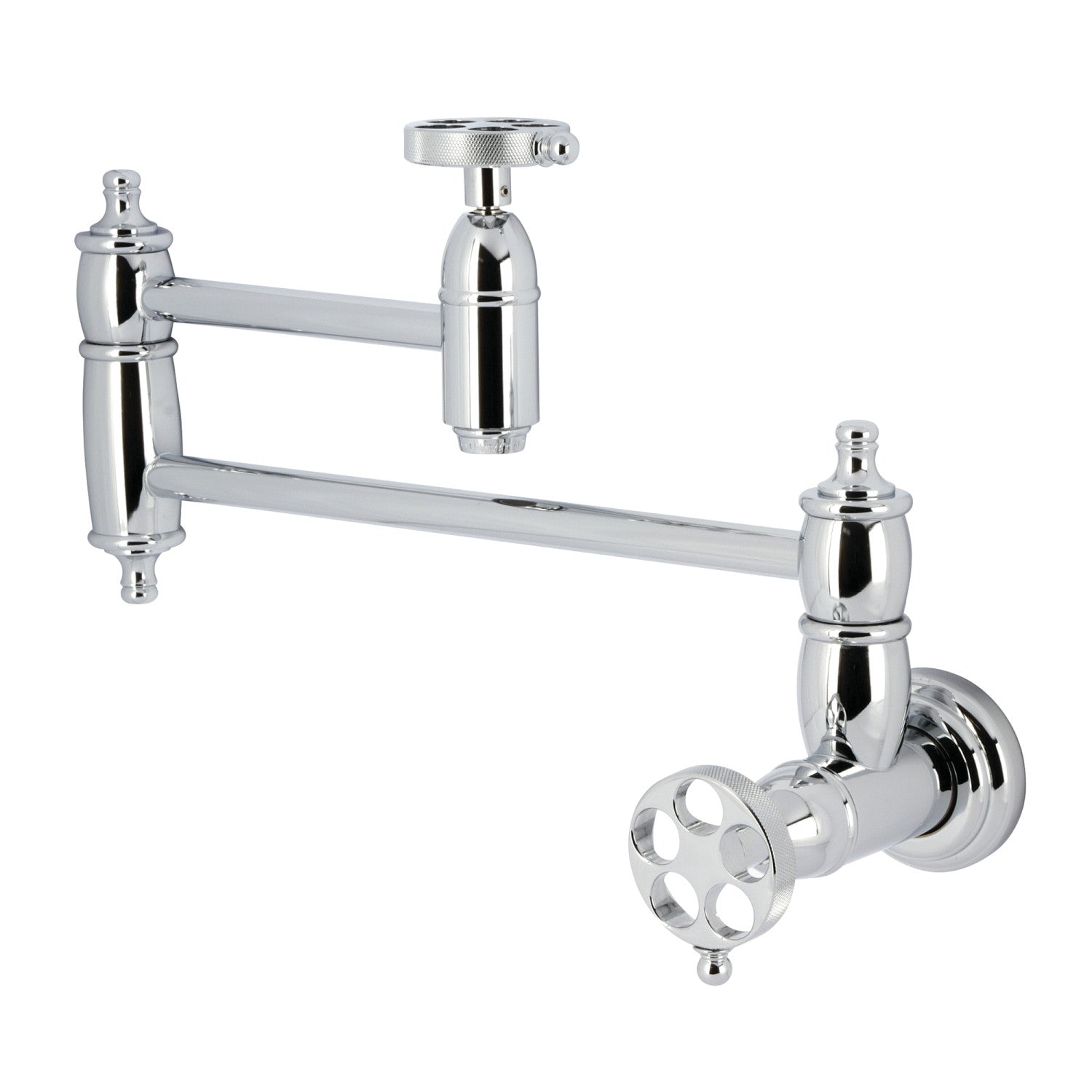 Kingston Heirloom KS3101RKZ - Wendell Two-Handle 1-Hole Wall Mount Pot Filler Faucet with Knurled Handle, Polished Chrome
