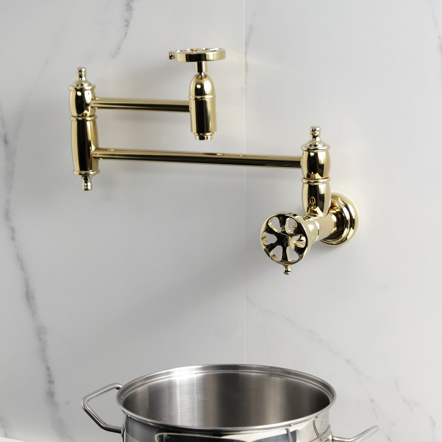 Kingston Tulare KS3102RX - Belknap Two-Handle 1-Hole Wall Mount Pot Filler Faucet, Polished Brass — thumbnail 2