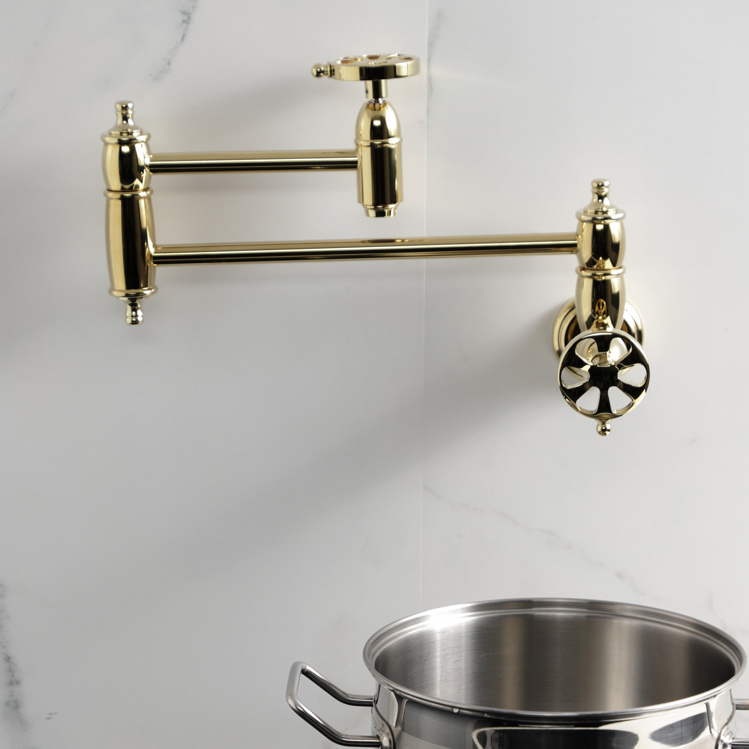 Kingston Tulare KS3102RX - Belknap Two-Handle 1-Hole Wall Mount Pot Filler Faucet, Polished Brass — thumbnail 3