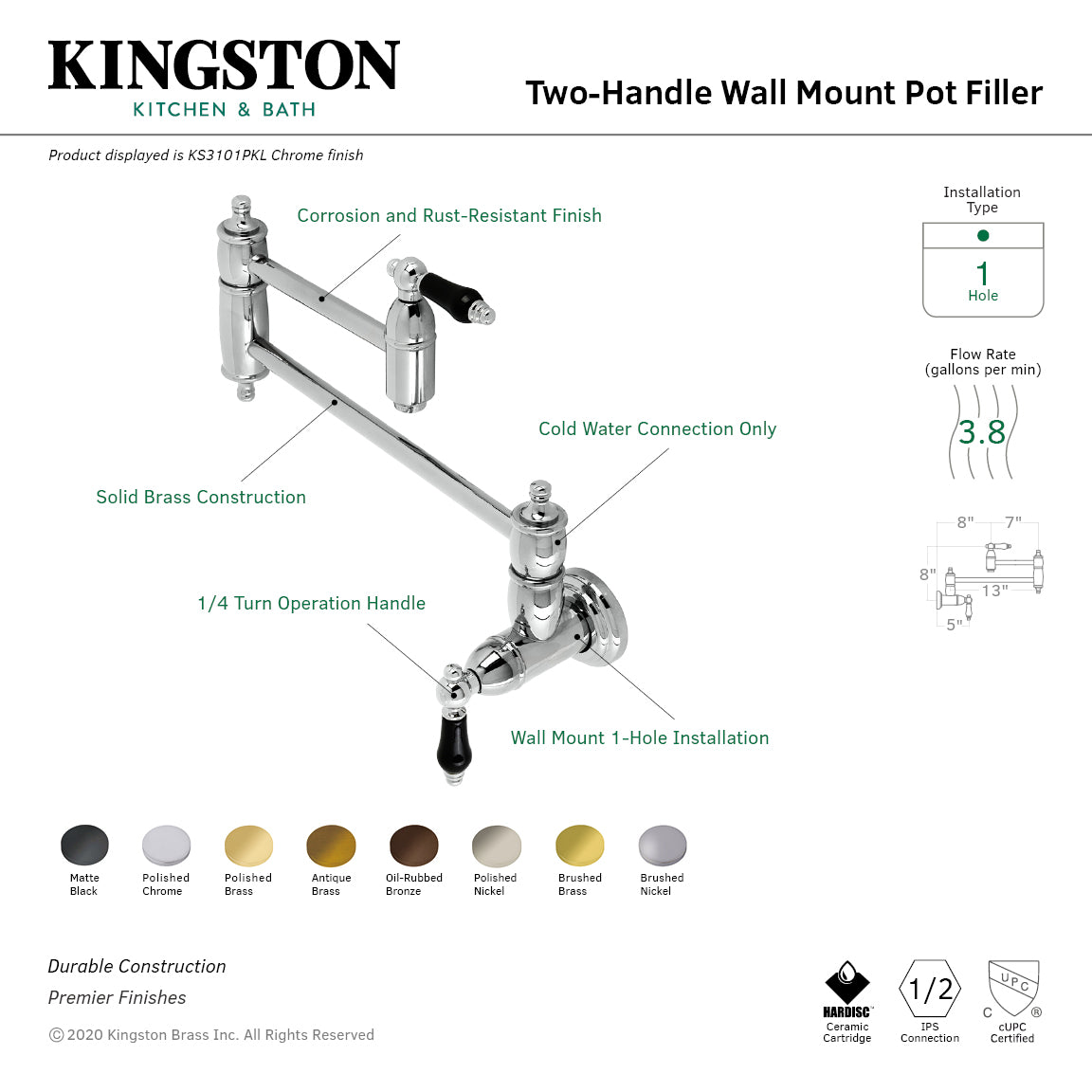 Kingston Heirloom KS3103PKL - Duchess Two-Handle 1-Hole Wall Mount Pot Filler Faucet, Antique Brass — thumbnail 2