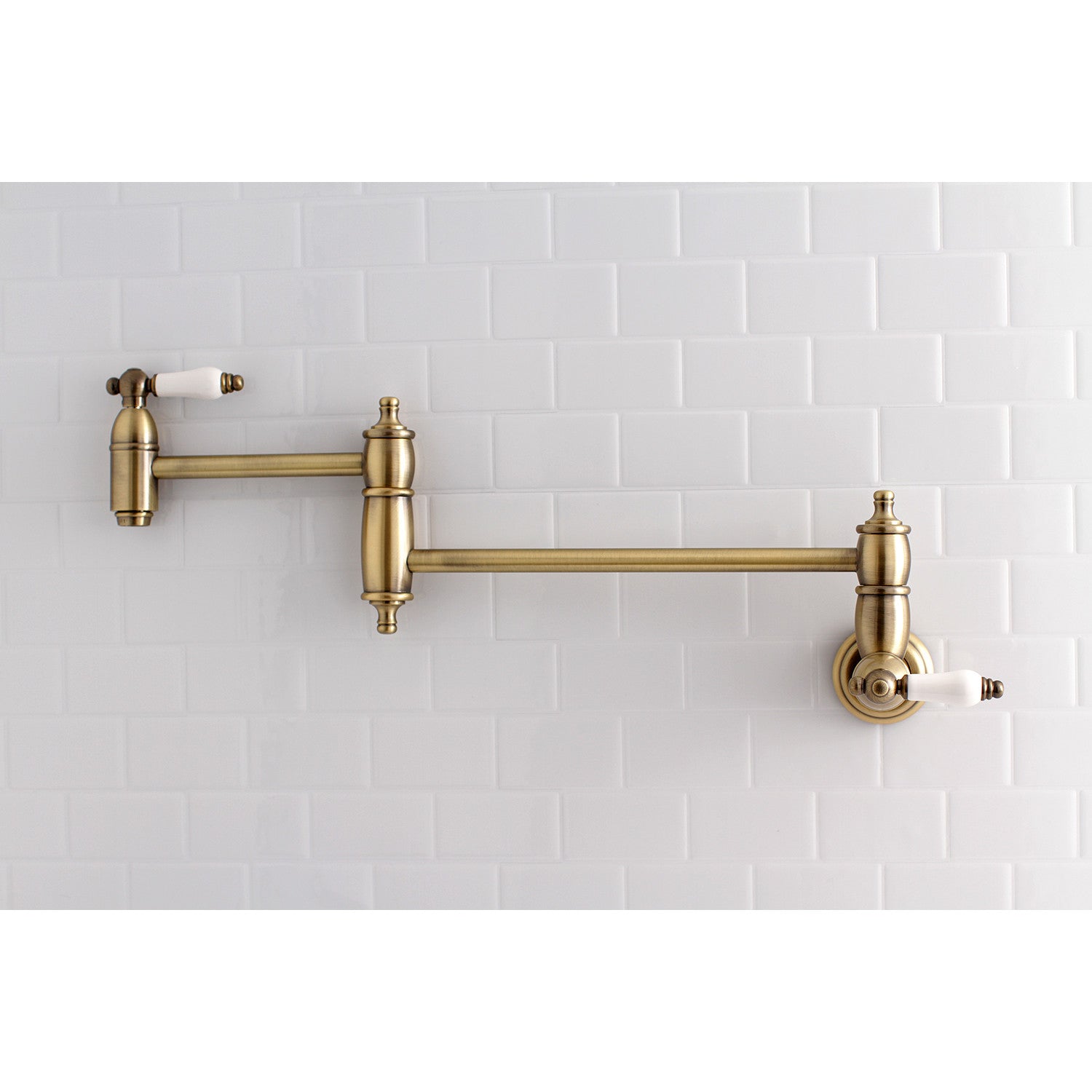 Kingston Heirloom KS3103PL - Restoration Two-Handle 1-Hole Wall Mount Pot Filler Faucet, Antique Brass — thumbnail 2