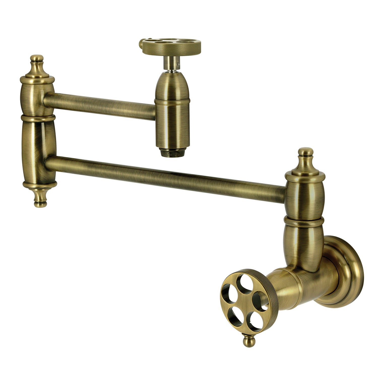 Kingston Heirloom KS3103RKZ - Wendell Two-Handle 1-Hole Wall Mount Pot Filler Faucet with Knurled Handle, Antique Brass