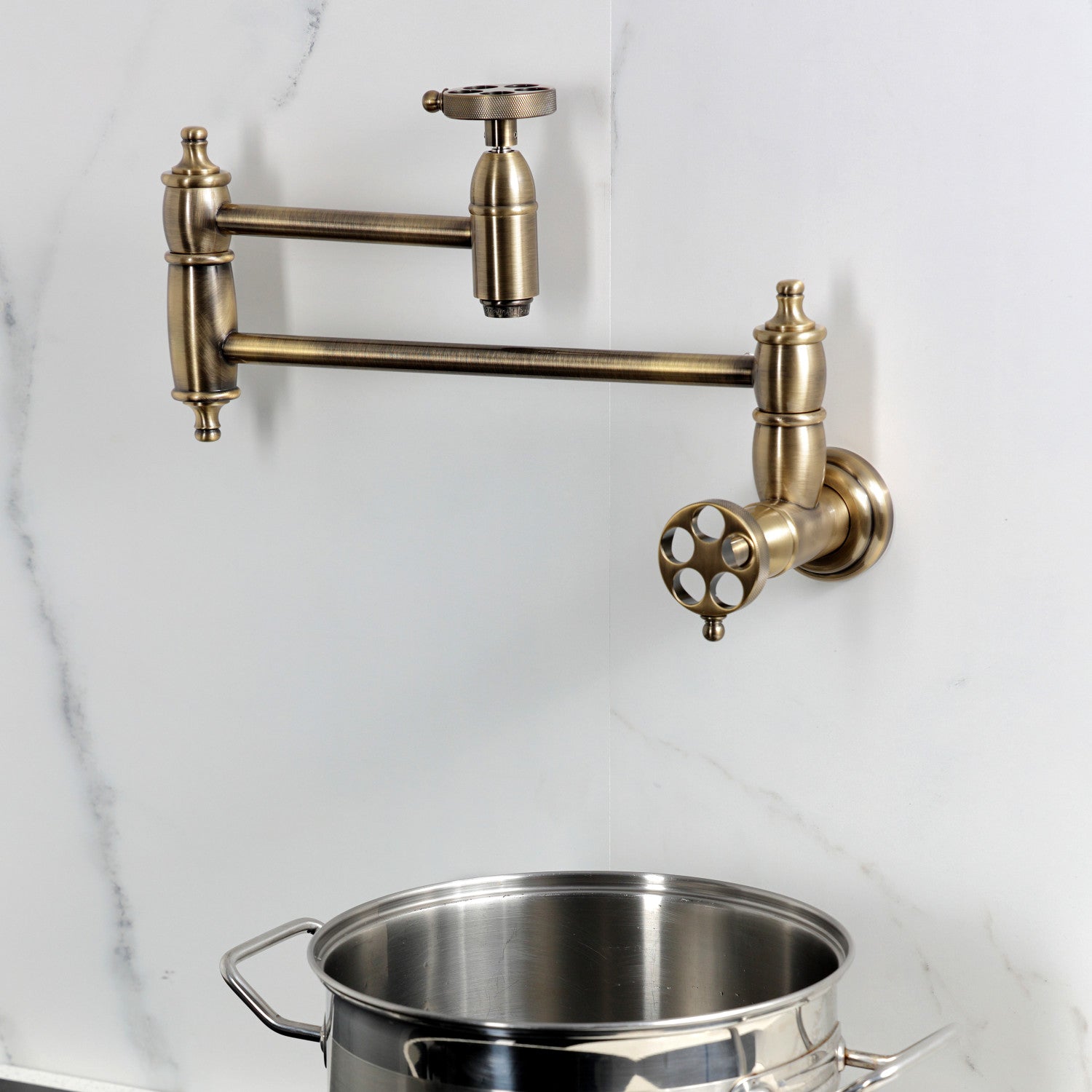 Kingston Heirloom KS3103RKZ - Wendell Two-Handle 1-Hole Wall Mount Pot Filler Faucet with Knurled Handle, Antique Brass — thumbnail 2