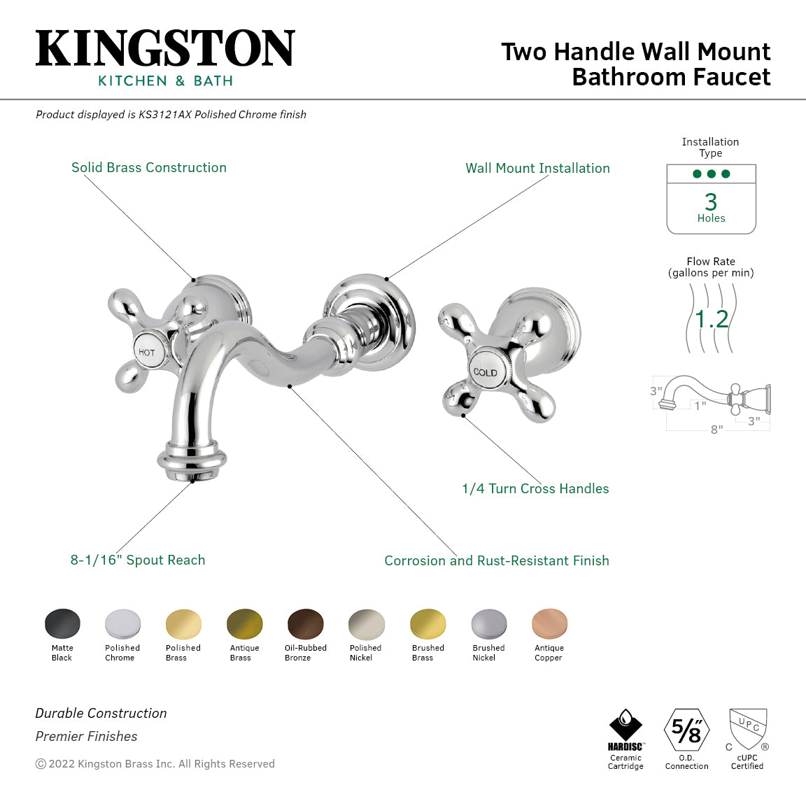 Kingston Heirloom KS3120AX - Vintage Double-Handle 3-Hole Wall Mount Bathroom Faucet, Matte Black — thumbnail 2