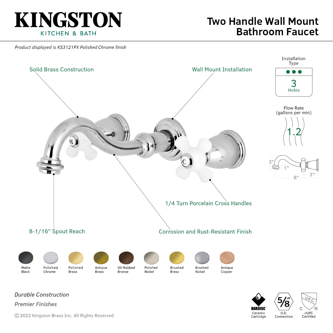 Kingston Heirloom KS3120PX - Vintage Double-Handle 3-Hole Wall Mount Bathroom Faucet, Matte Black — thumbnail 2