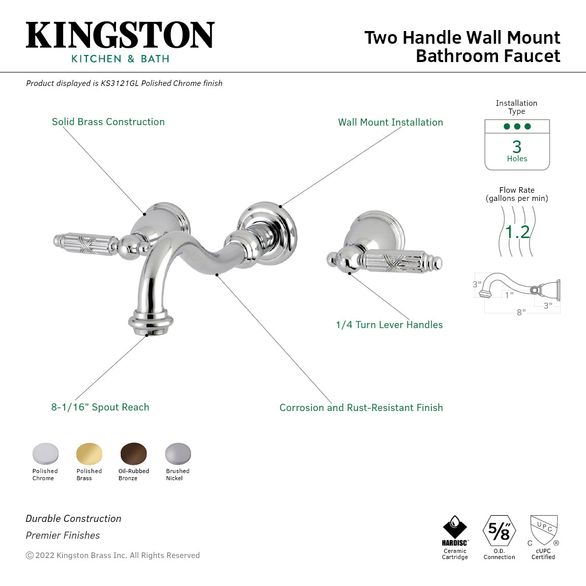 Kingston Heirloom KS3122GL - Vintage Double-Handle 3-Hole Wall Mount Bathroom Faucet, Polished Brass — thumbnail 2