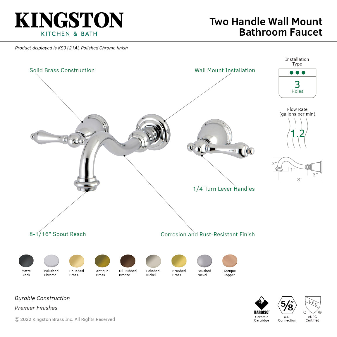 Kingston Heirloom KS3128AL - Vintage Double-Handle 3-Hole Wall Mount Bathroom Faucet, Brushed Nickel — thumbnail 3