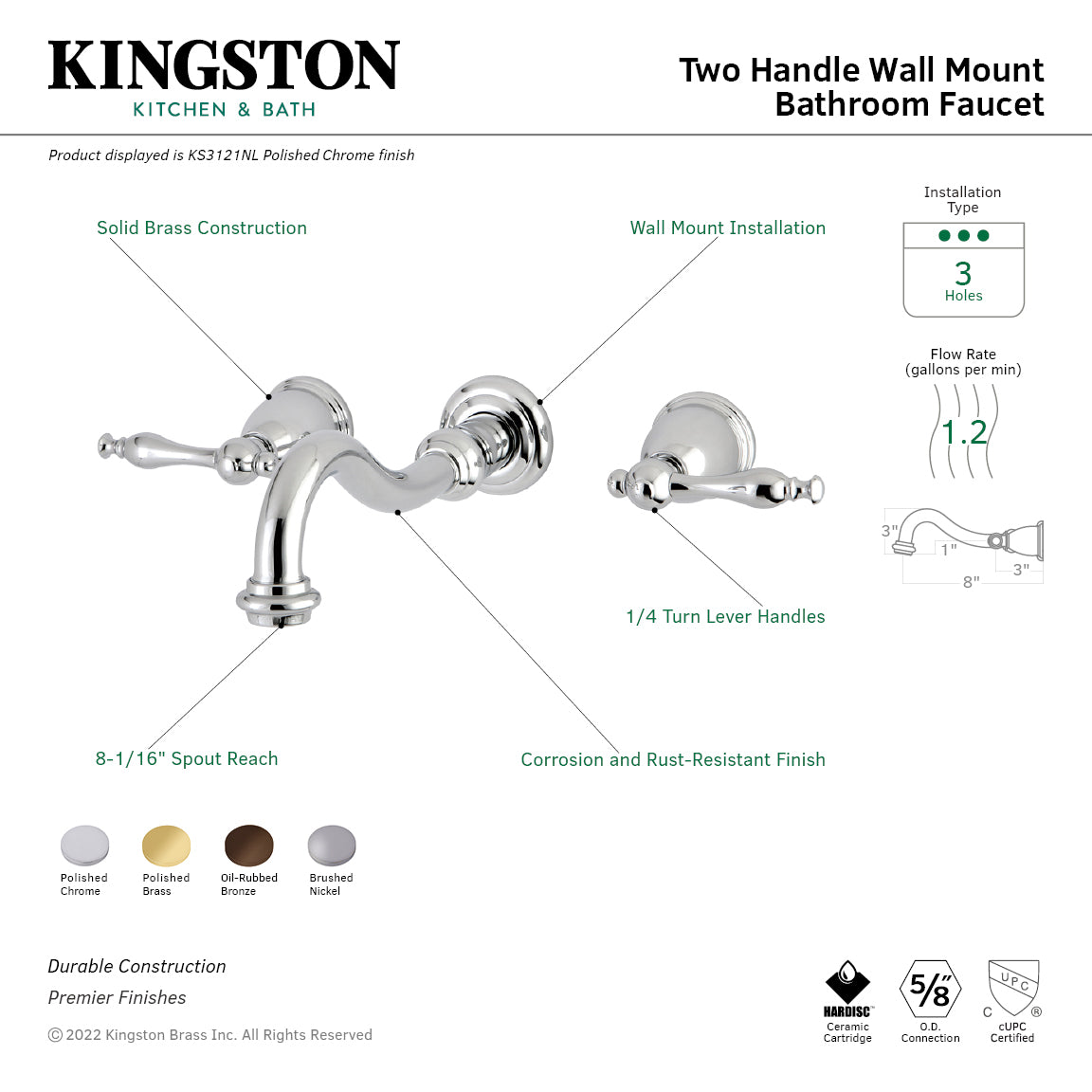 Kingston Heirloom KS3128NL - Vintage Double-Handle 3-Hole Wall Mount Bathroom Faucet, Brushed Nickel — thumbnail 3