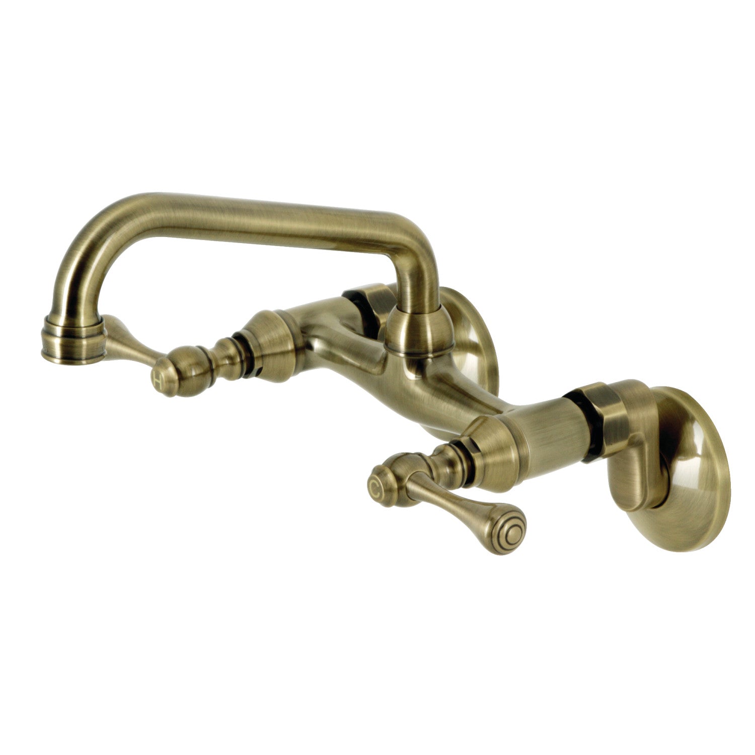 Kingston Tulare KS313AB - Kingston Two-Handle 2-Hole Wall Mount Bridge Kitchen Faucet, Antique Brass