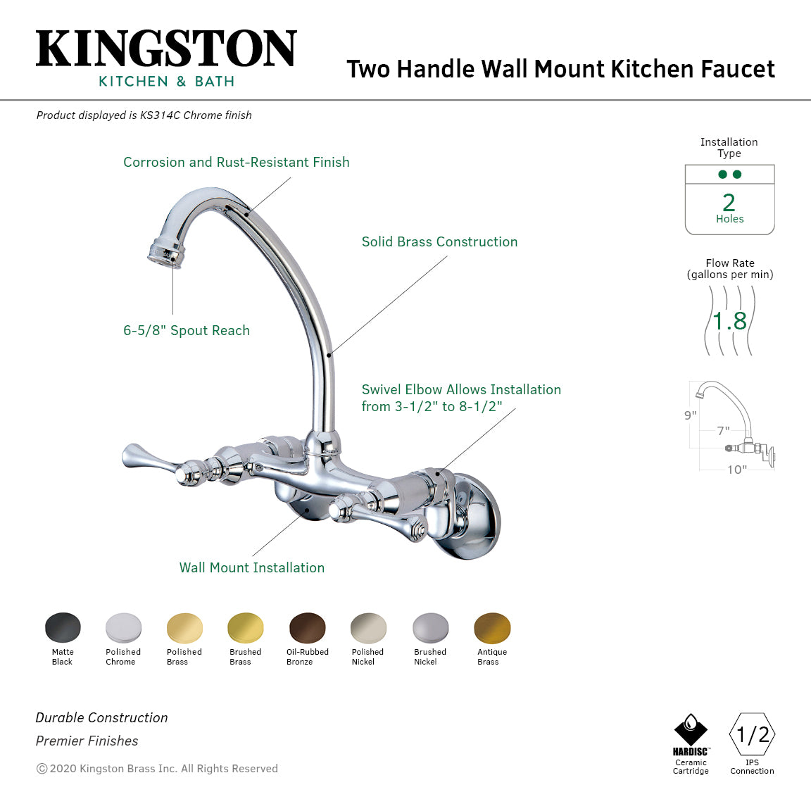 Kingston Tulare KS314PN - Kingston Two-Handle 2-Hole Wall Mount Bridge Kitchen Faucet, Polished Nickel — thumbnail 2