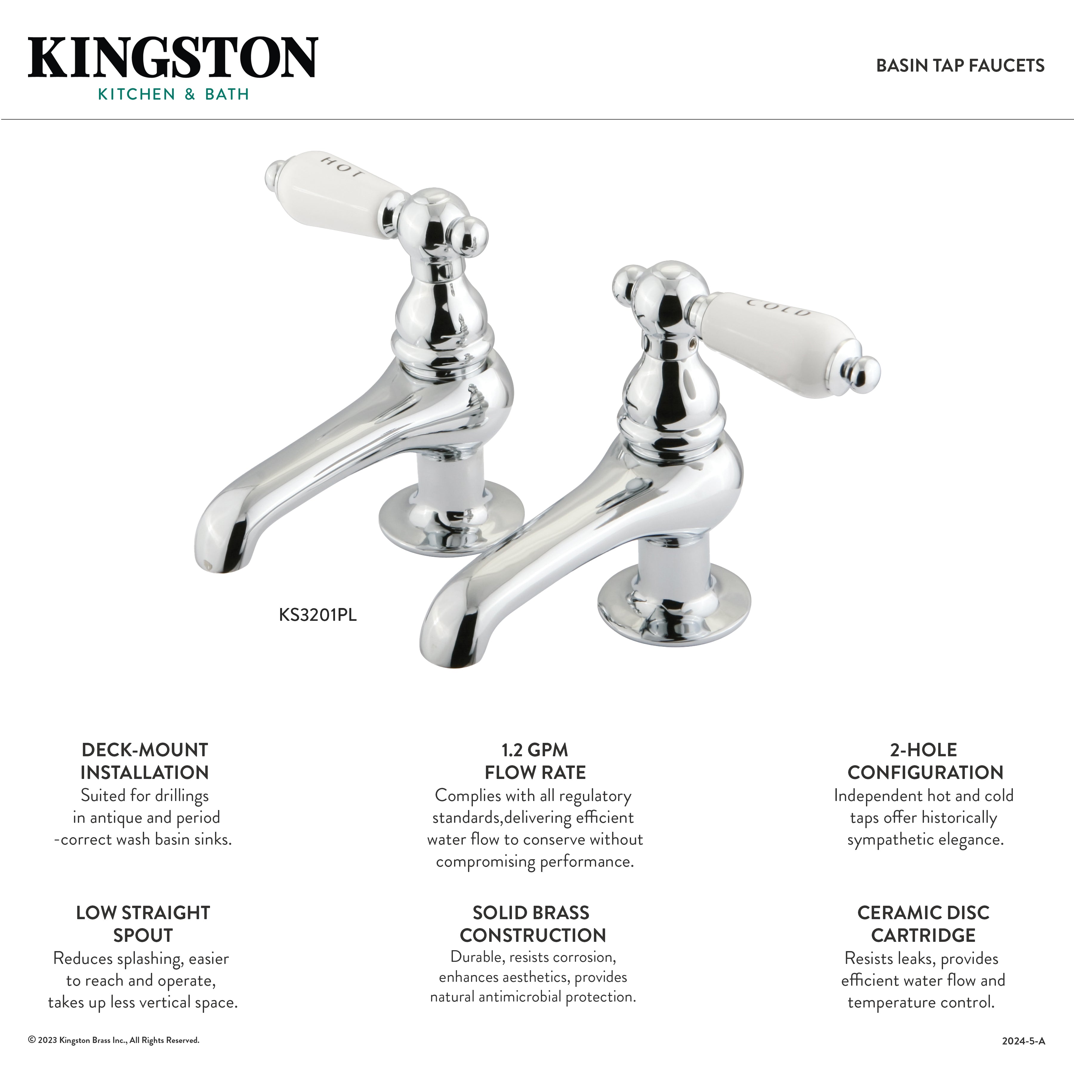 Kingston Heirloom KS3201PL - Restoration Two-Handle Deck Mount Basin Tap Faucet, Polished Chrome — thumbnail 2