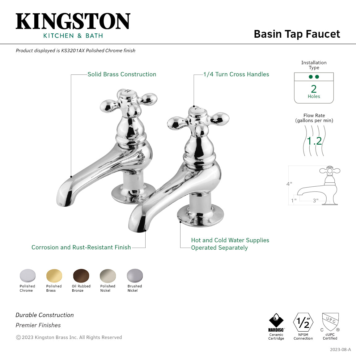 Kingston Heirloom KS3205AX - Restoration Two-Handle Deck Mount Basin Tap Faucet, Oil Rubbed Bronze — thumbnail 3