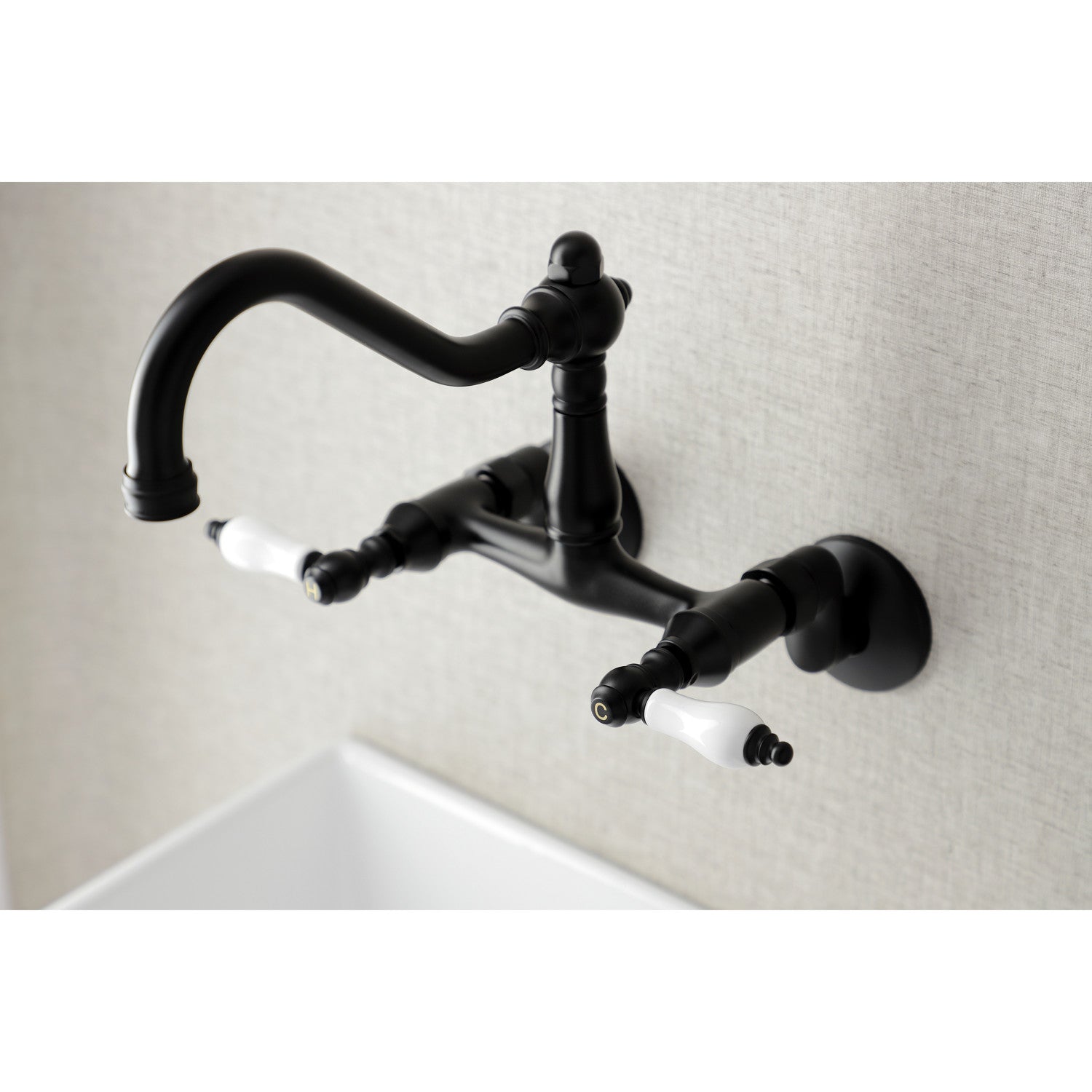 Kingston Heirloom KS3220PL - Vintage Two-Handle 2-Hole Wall Mount Bridge Kitchen Faucet, Matte Black — thumbnail 2