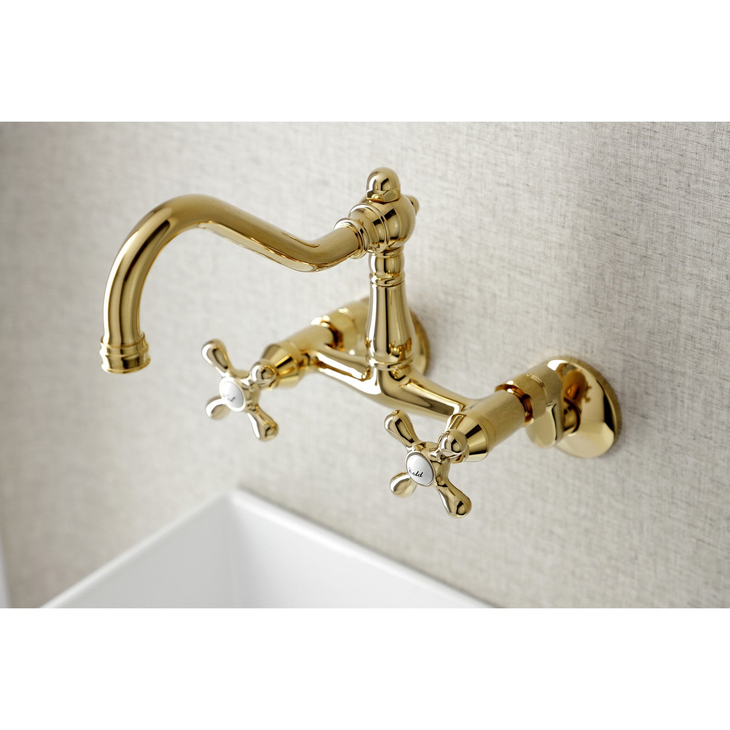 Kingston Heirloom KS3222AX - Vintage Two-Handle 2-Hole Wall Mount Bridge Kitchen Faucet, Polished Brass — thumbnail 2