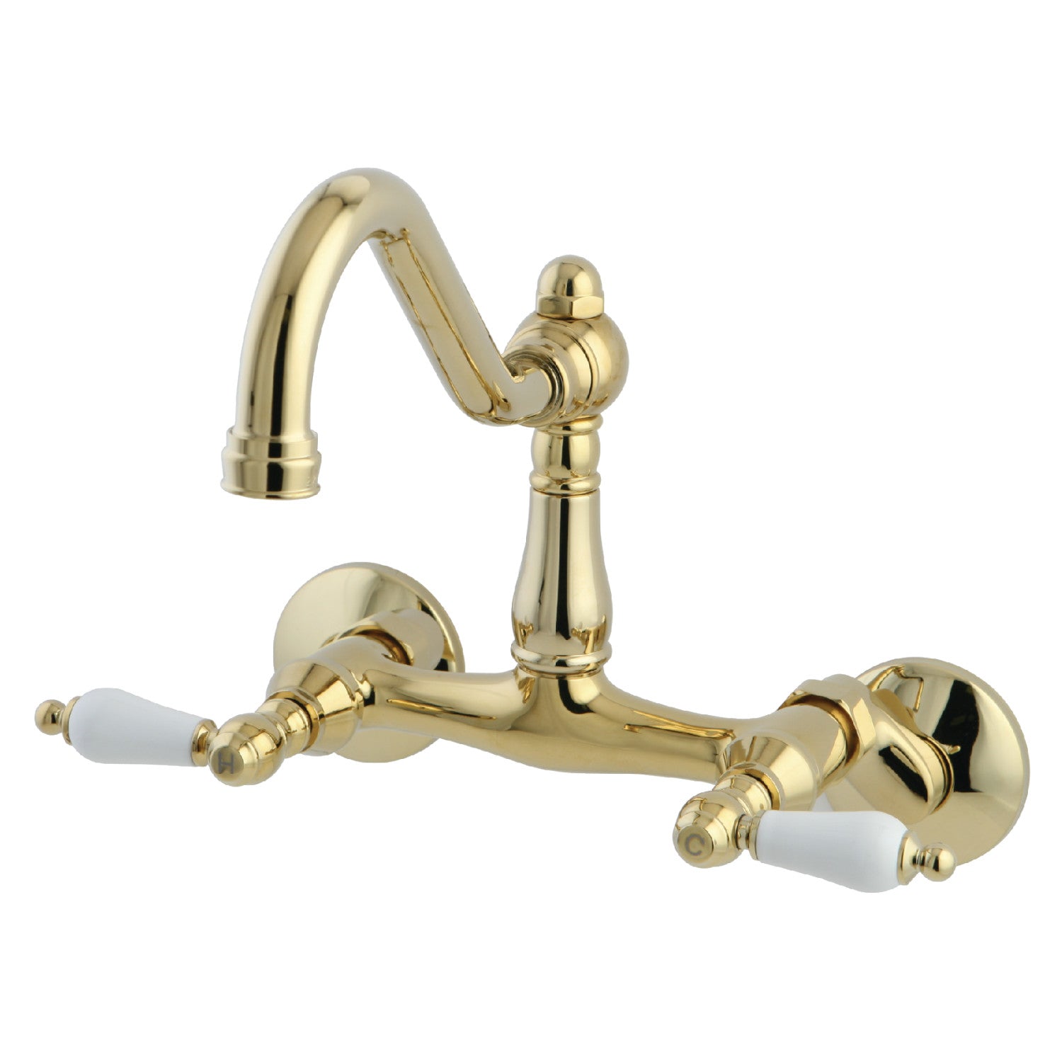 Kingston Heirloom KS3222PL - Vintage Two-Handle 2-Hole Wall Mount Bridge Kitchen Faucet, Polished Brass