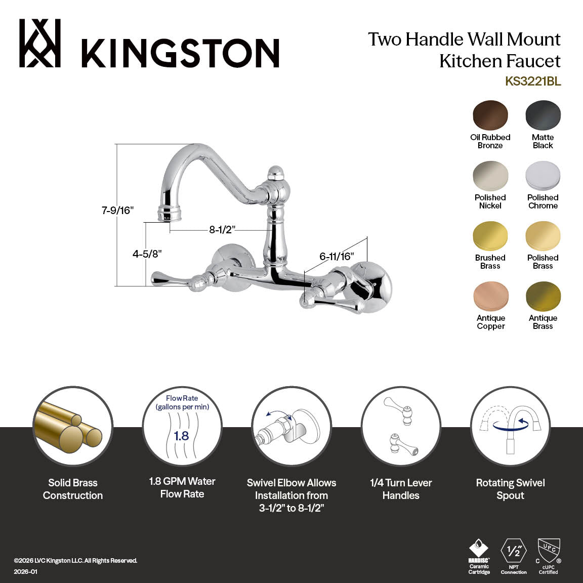 Kingston Heirloom KS3223BL - Vintage Two-Handle 2-Hole Wall Mount Bridge Kitchen Faucet, Antique Brass — thumbnail 3