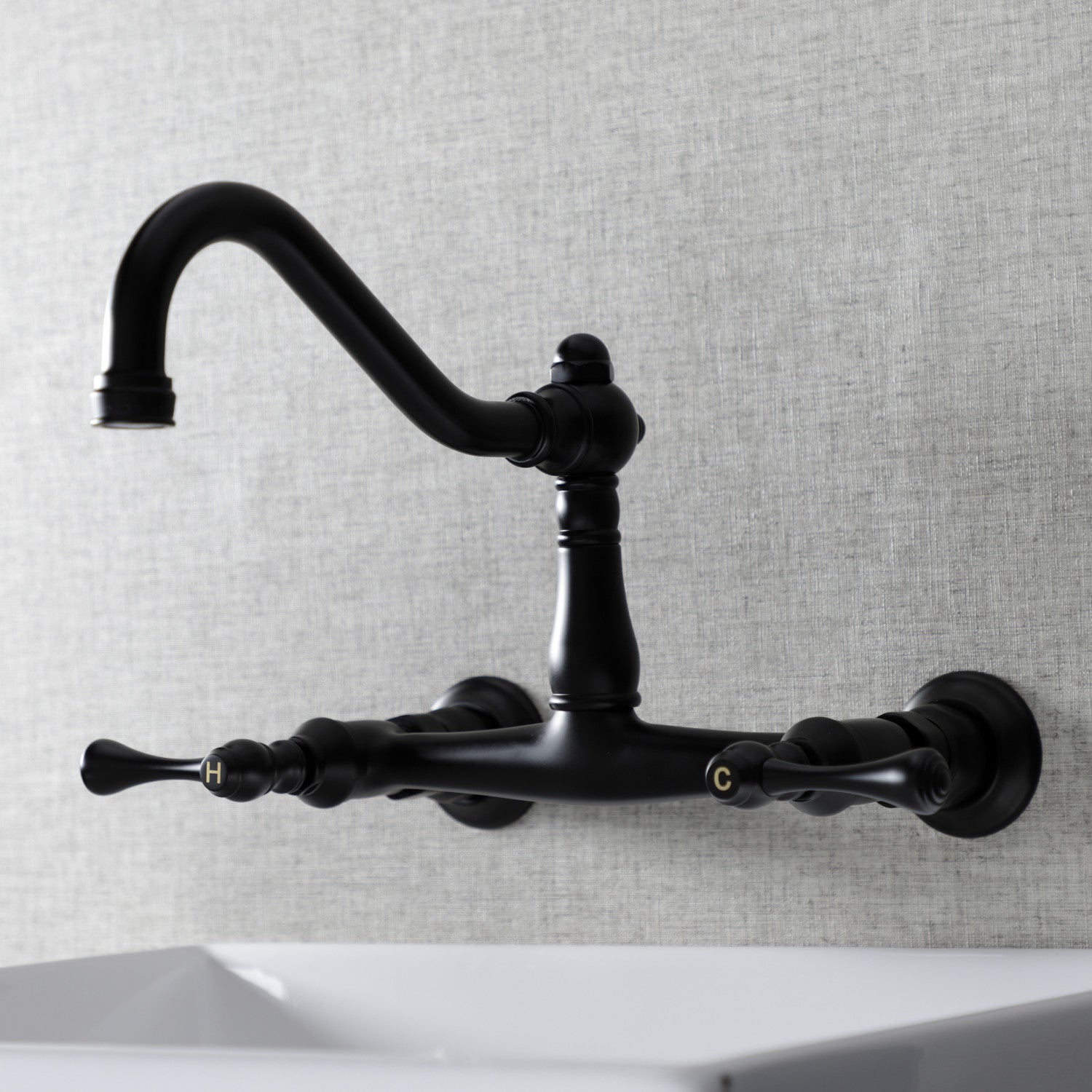 Kingston Heirloom KS3240BL - Vintage Double-Handle 2-Hole Wall Mount Bathroom Faucet, Matte Black — thumbnail 2