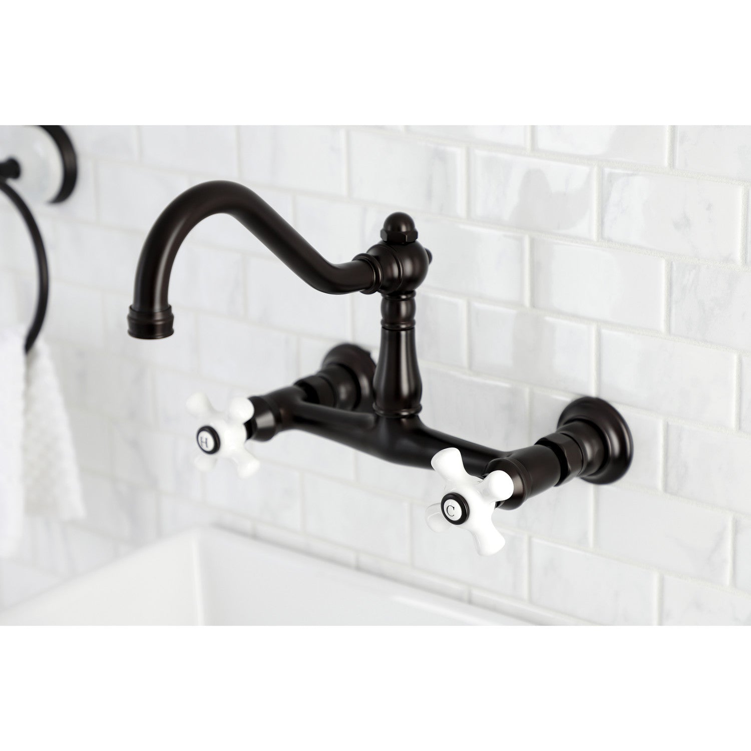 Kingston Heirloom KS3245PX - Vintage Double-Handle 2-Hole Wall Mount Bathroom Faucet, Oil Rubbed Bronze — thumbnail 3