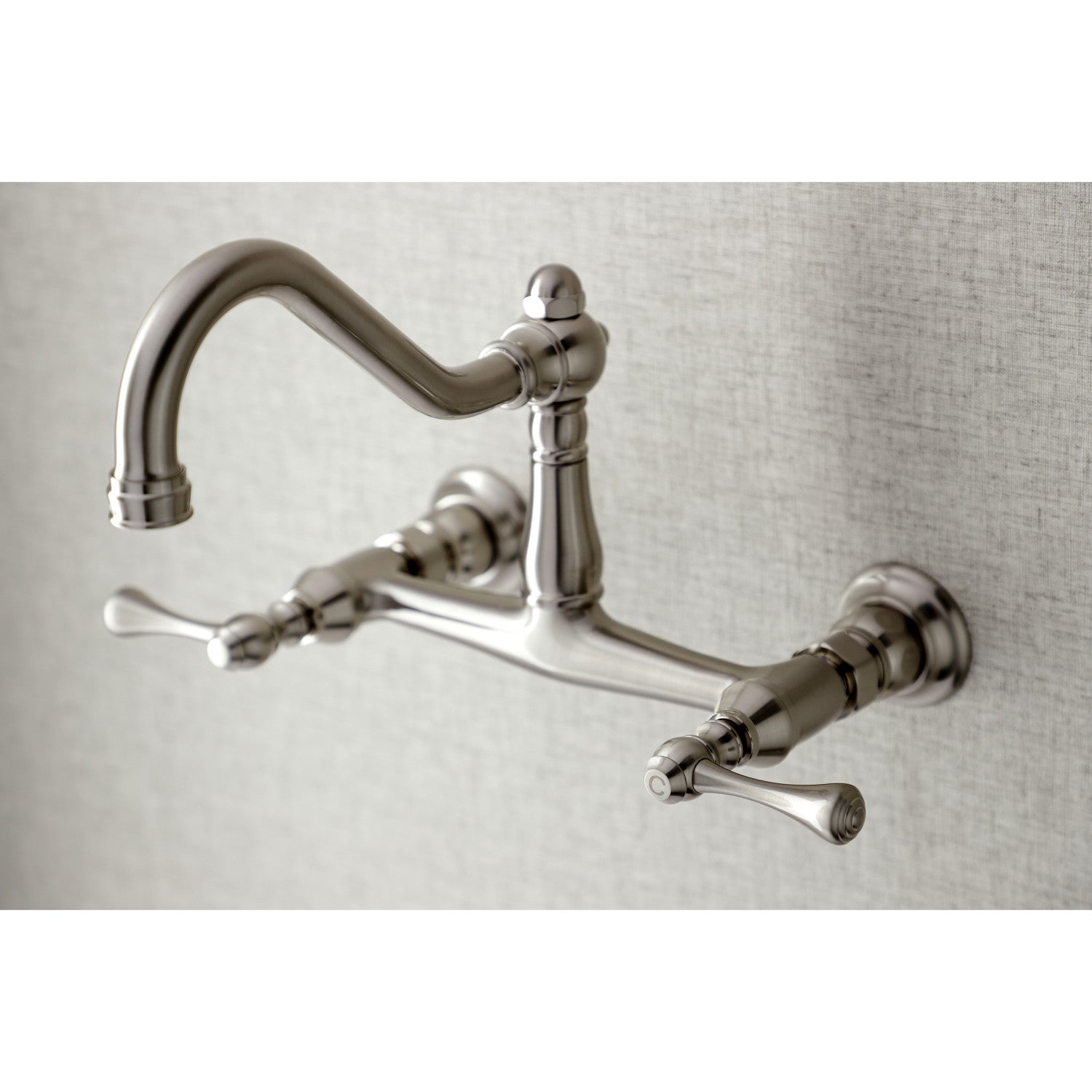 Kingston Heirloom KS3248BL - Vintage Double-Handle 2-Hole Wall Mount Bathroom Faucet, Brushed Nickel — thumbnail 2