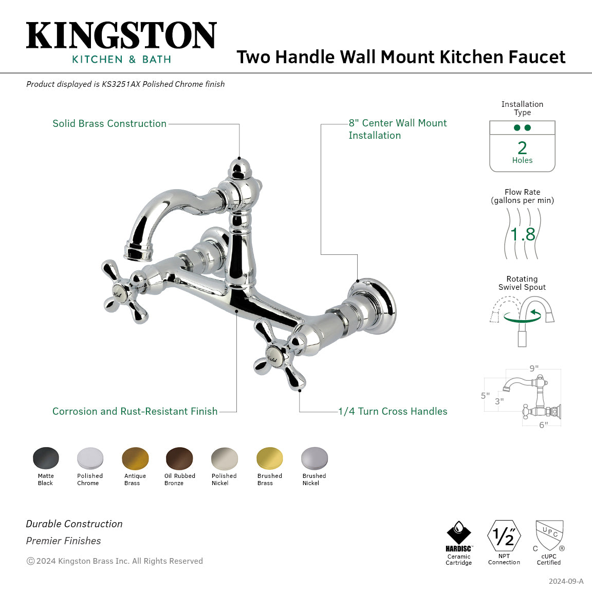 Kingston Heirloom KS3251AX - Vintage Two-Handle 2-Hole Wall Mount Bridge Kitchen Faucet, Polished Chrome — thumbnail 2