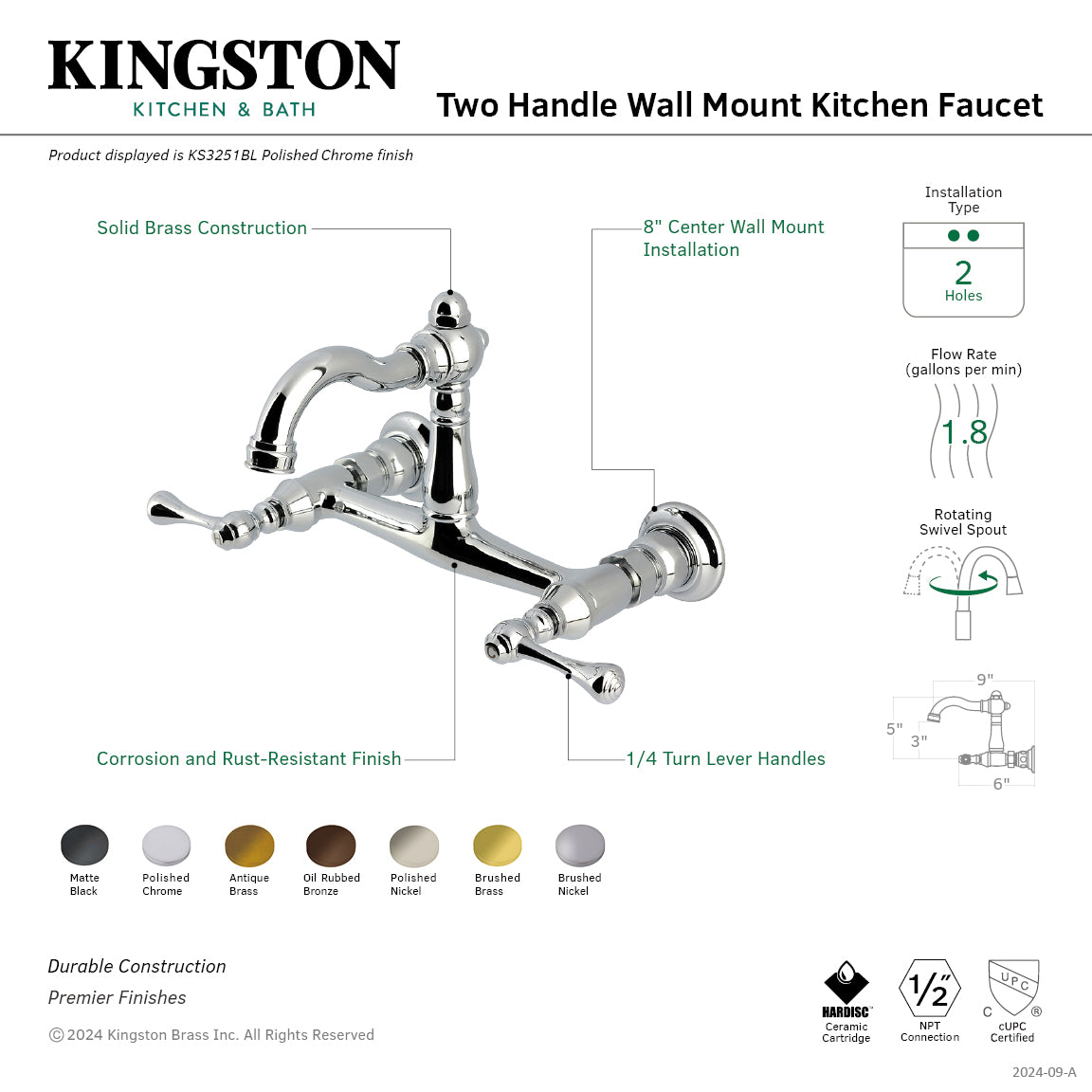 Kingston Heirloom KS3251BL - Vintage Two-Handle 2-Hole Wall Mount Bridge Kitchen Faucet, Polished Chrome — thumbnail 2