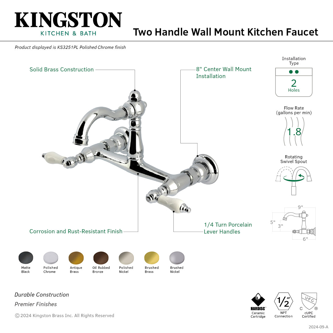 Kingston Heirloom KS3256PL - Vintage Two-Handle 2-Hole Wall Mount Bridge Kitchen Faucet, Polished Nickel — thumbnail 2