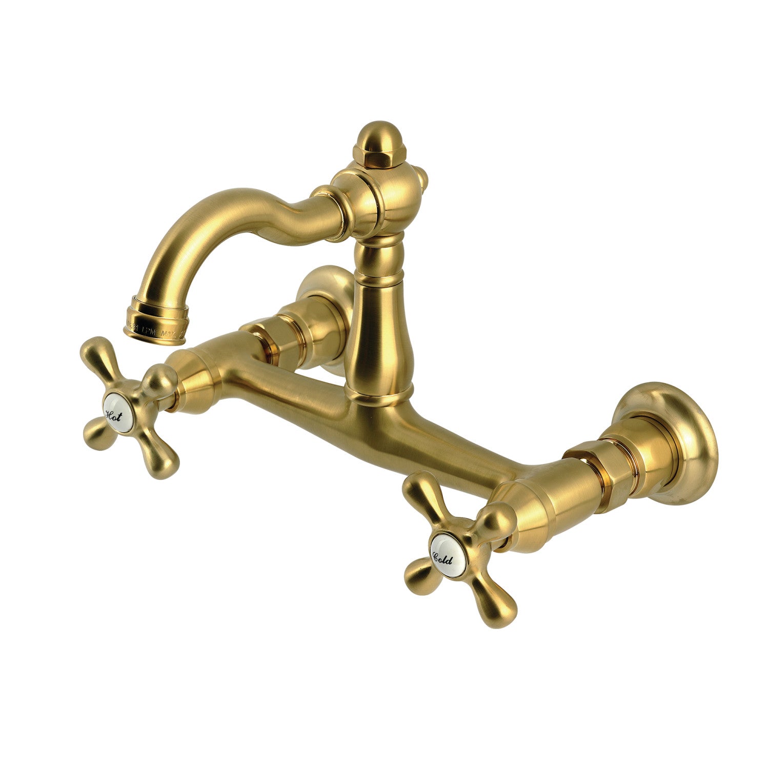 Kingston Heirloom KS3257AX - Vintage Two-Handle 2-Hole Wall Mount Bridge Kitchen Faucet, Brushed Brass