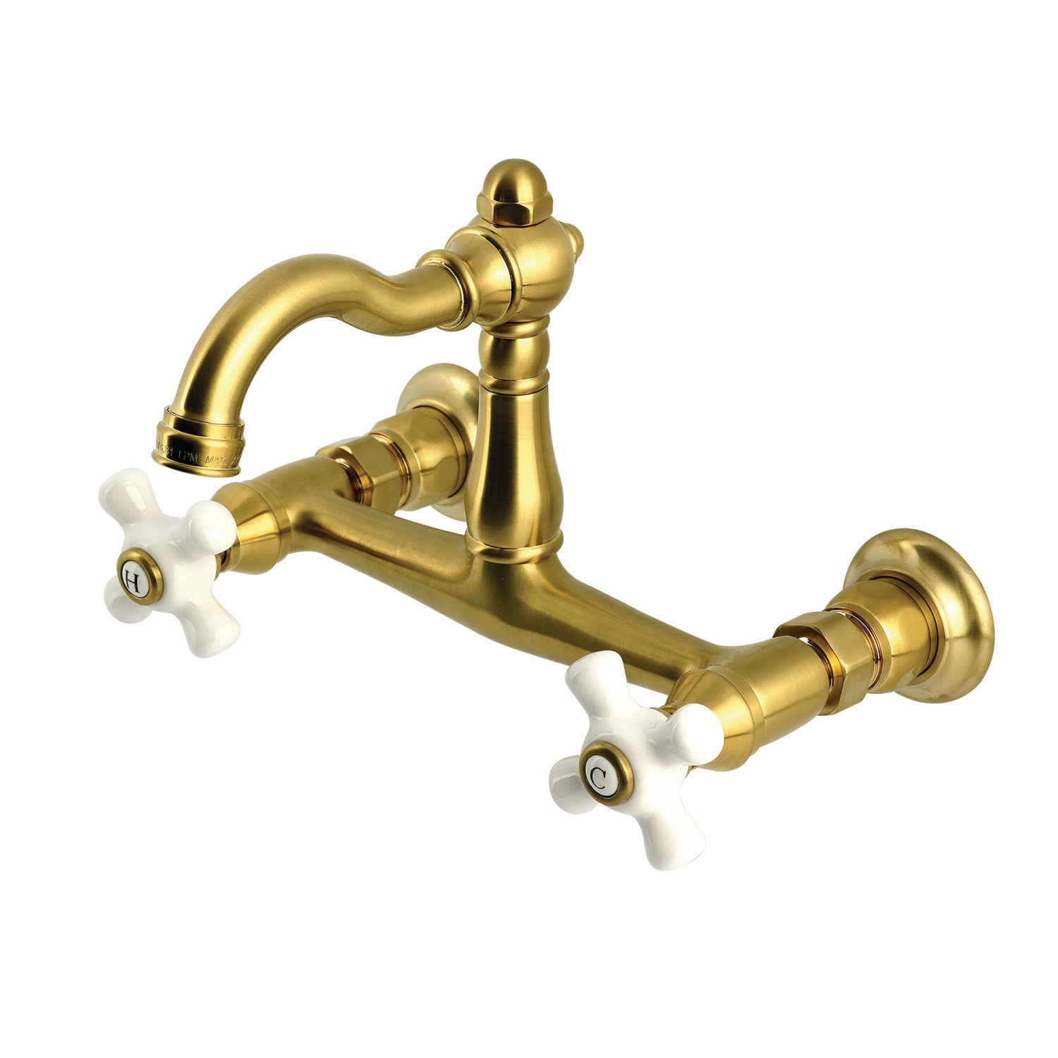 Kingston Heirloom KS3257PX - Vintage Two-Handle 2-Hole Wall Mount Bridge Kitchen Faucet, Brushed Brass