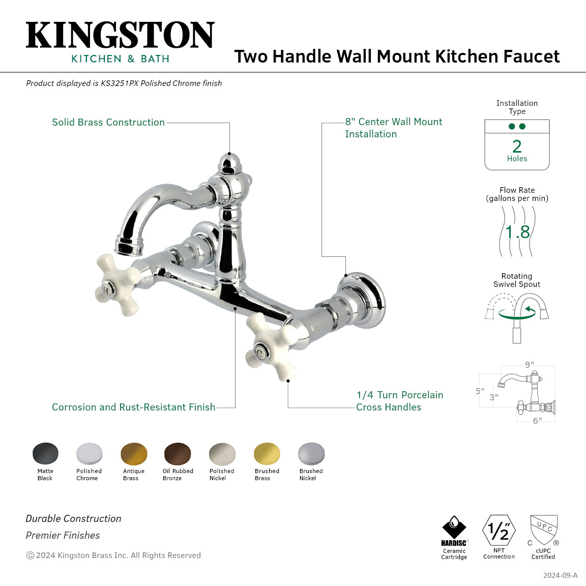 Kingston Heirloom KS3257PX - Vintage Two-Handle 2-Hole Wall Mount Bridge Kitchen Faucet, Brushed Brass — thumbnail 2