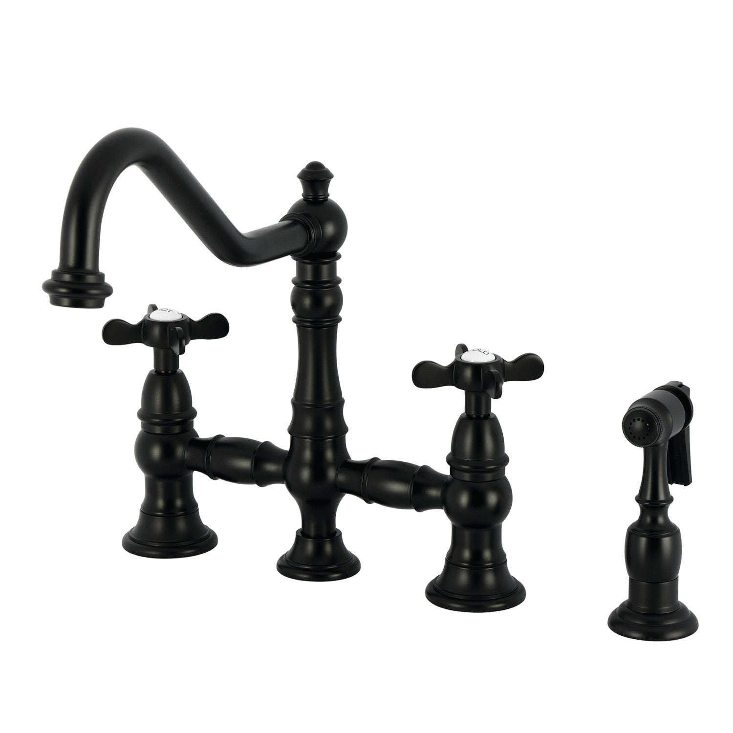 Kingston Heirloom KS3270BEXBS - Essex Two-Handle 4-Hole Deck Mount Bridge Kitchen Faucet with Brass Sprayer, Matte Black