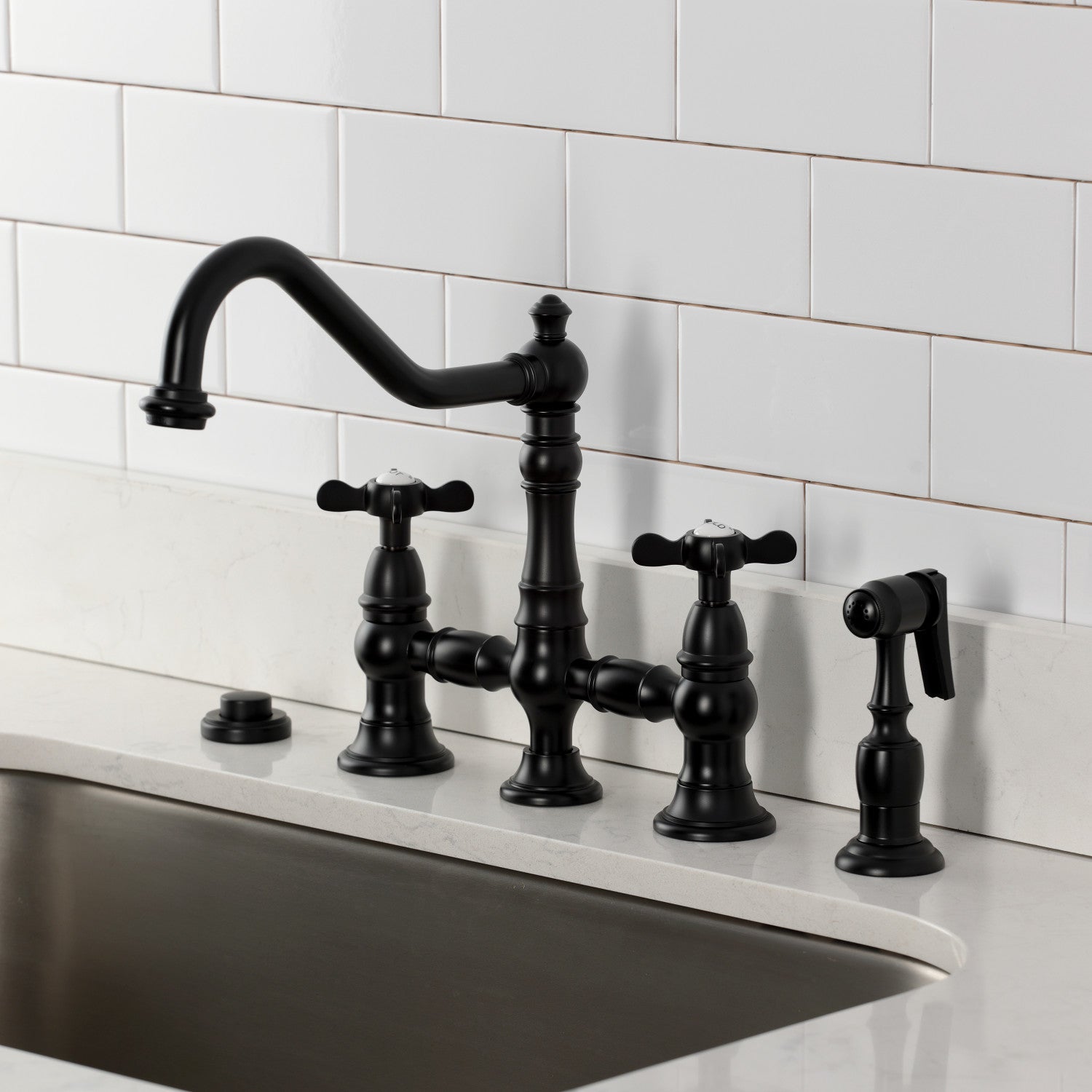 Kingston Heirloom KS3270BEXBS - Essex Two-Handle 4-Hole Deck Mount Bridge Kitchen Faucet with Brass Sprayer, Matte Black — thumbnail 2