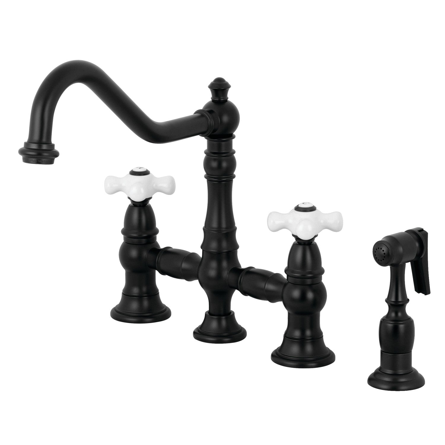 Kingston Heirloom KS3270PXBS - Restoration Two-Handle 4-Hole Deck Mount Bridge Kitchen Faucet with Brass Sprayer, Matte Black