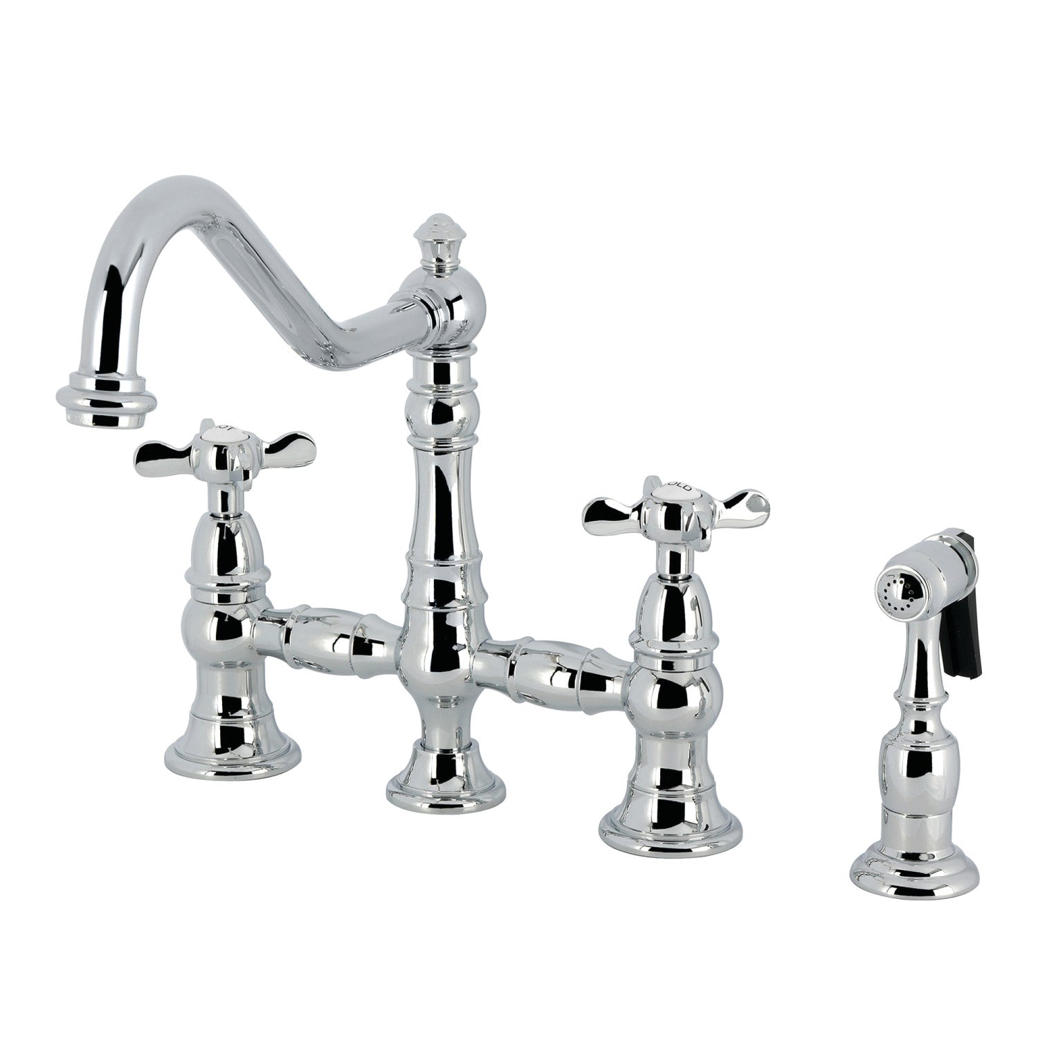 Kingston Heirloom KS3271BEXBS - Essex Two-Handle 4-Hole Deck Mount Bridge Kitchen Faucet with Brass Sprayer, Polished Chrome