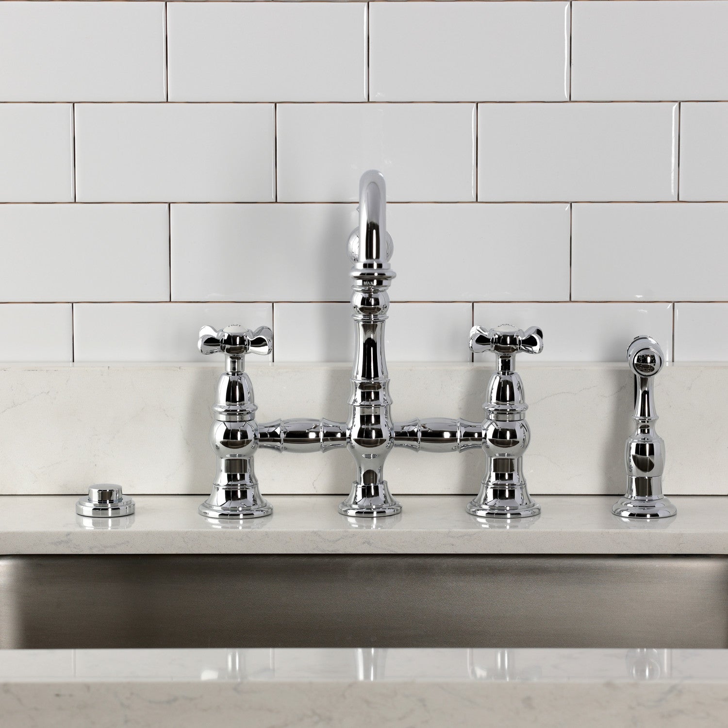 Kingston Heirloom KS3271BEXBS - Essex Two-Handle 4-Hole Deck Mount Bridge Kitchen Faucet with Brass Sprayer, Polished Chrome — thumbnail 3