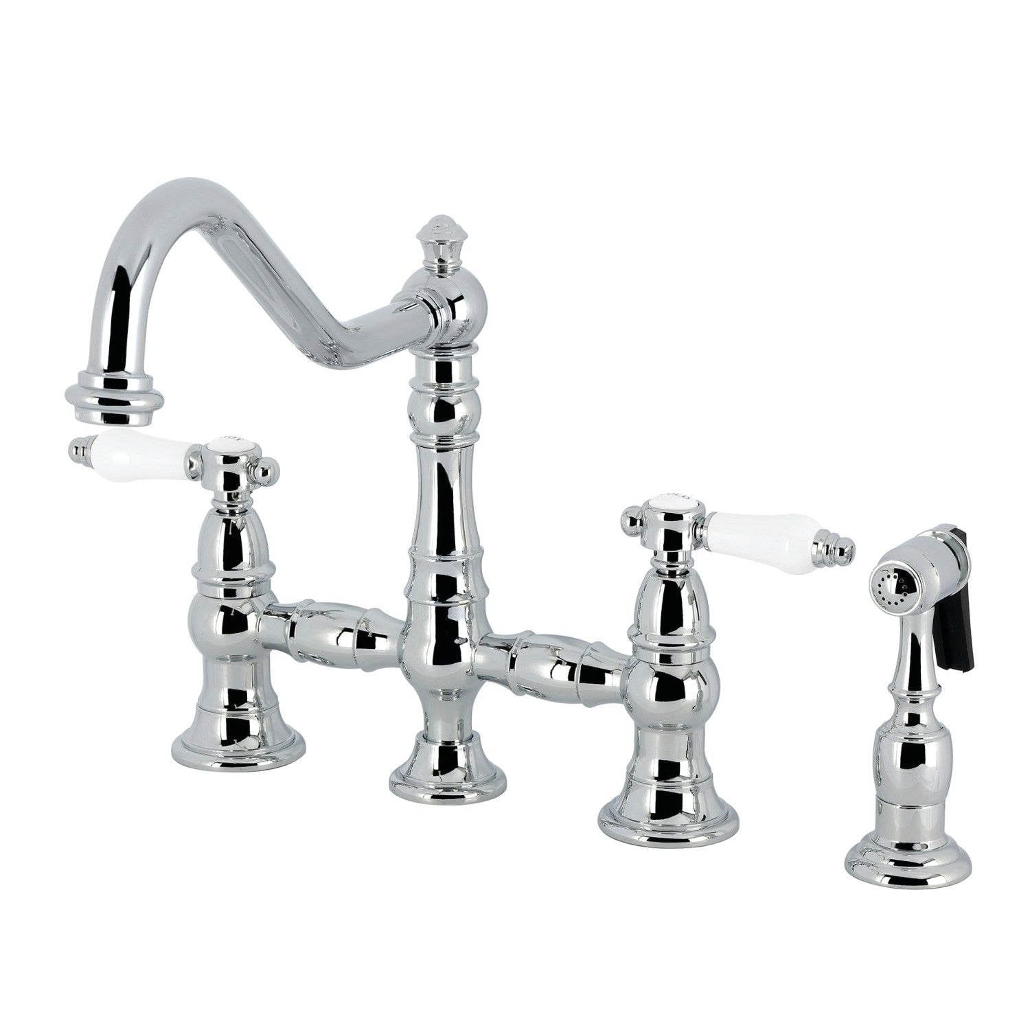 Kingston Heirloom KS3271BPLBS - Bel-Air Two-Handle 4-Hole Deck Mount Bridge Kitchen Faucet with Brass Sprayer, Polished Chrome — image 1