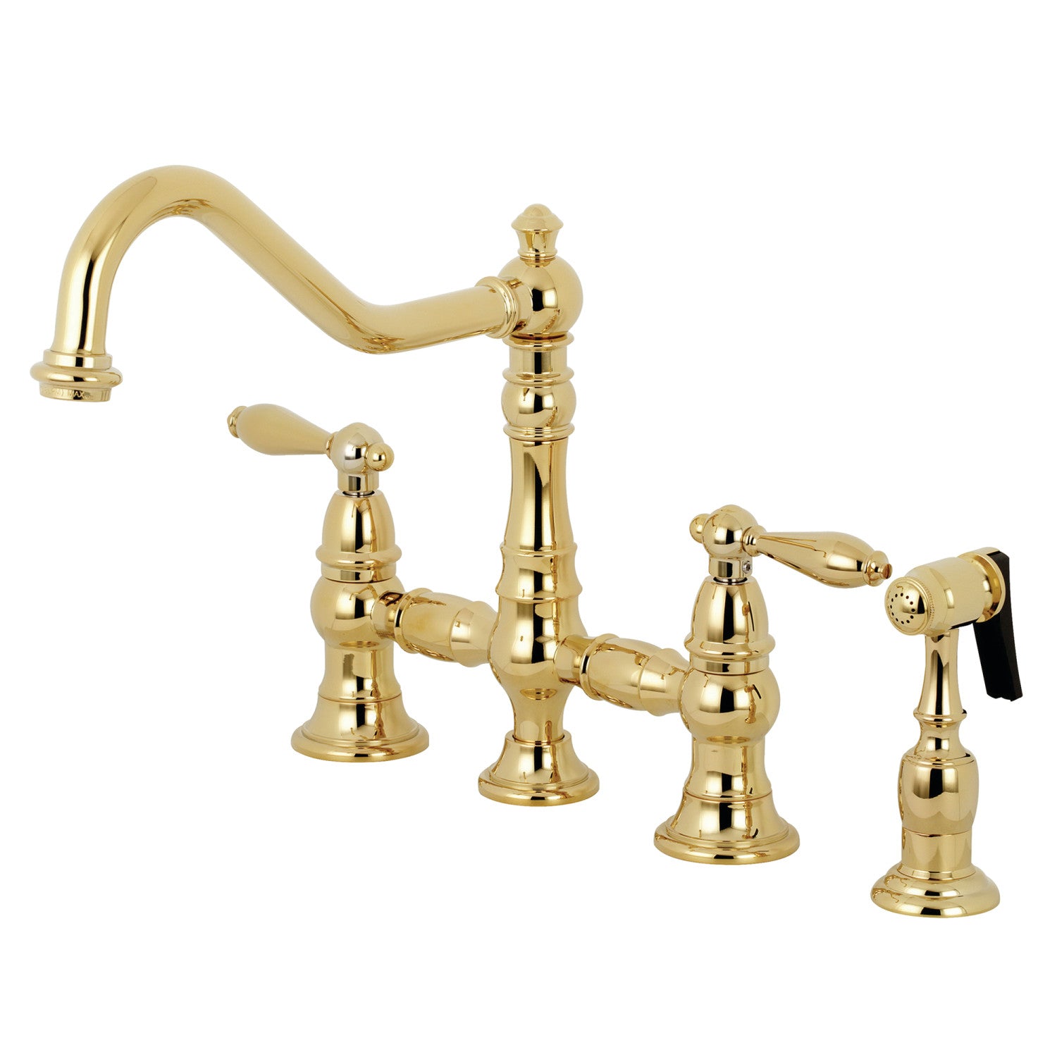 Kingston Heirloom KS3272ALBS - Restoration Two-Handle 4-Hole Deck Mount Bridge Kitchen Faucet with Brass Sprayer, Polished Brass