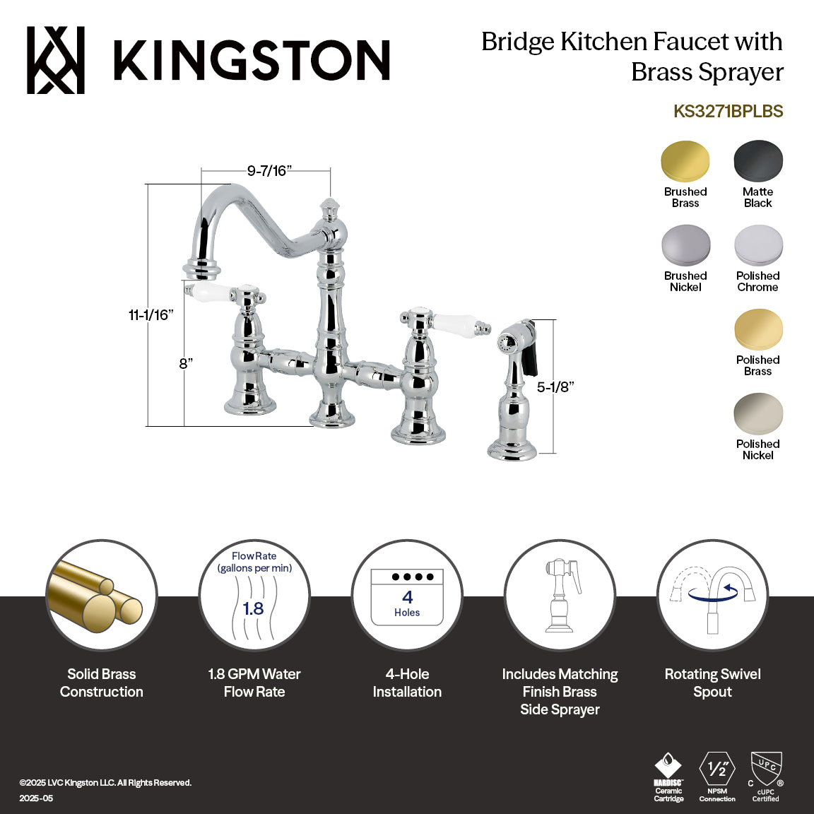 Kingston Heirloom KS3272BPLBS - Bel-Air Two-Handle 4-Hole Deck Mount Bridge Kitchen Faucet with Brass Sprayer, Polished Brass — thumbnail 2